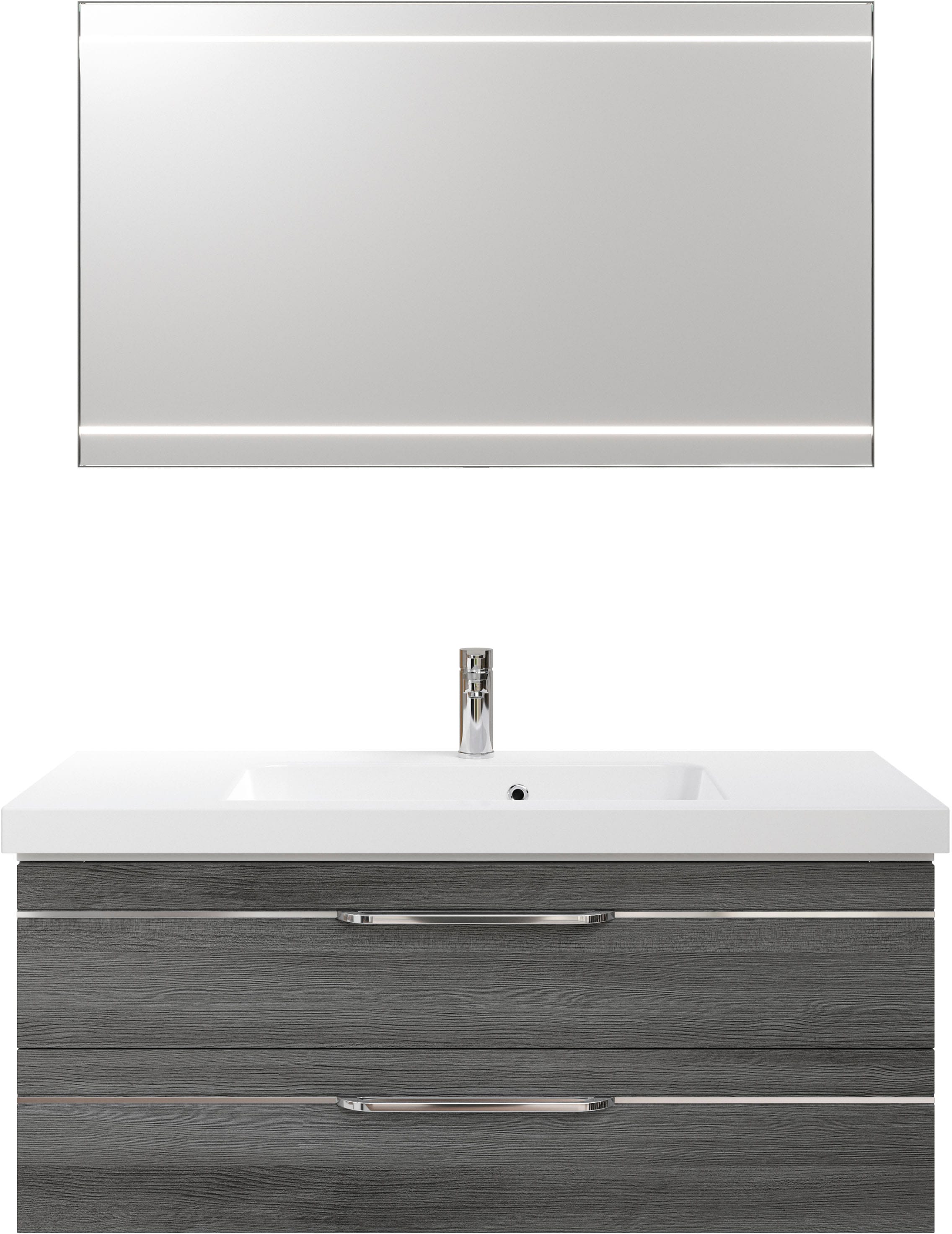Saphir Badmöbel-Set »Balto 2-teilig Mineralmarmor-Waschtisch mit LED-Spiegel, 123 cm breit«, (2 St.), Waschplatz mit 2 Schubladen, Badschrank inkl. Schubladendämpfer