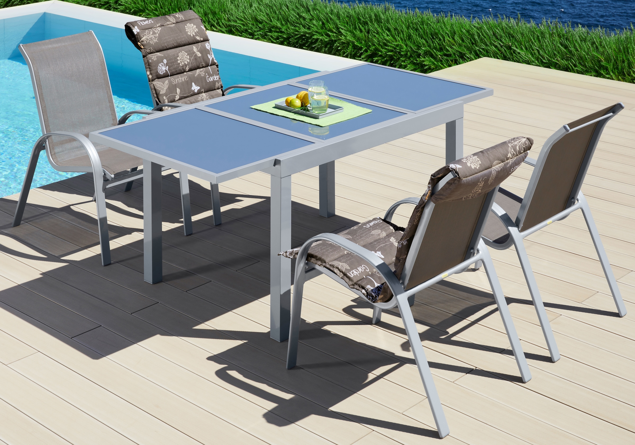 MERXX Garten-Essgruppe »Amalfi«, (5 online 4 90x120-180 Sessel, bestellen tlg.), ausziehbar cm, Alu/Textil Tisch