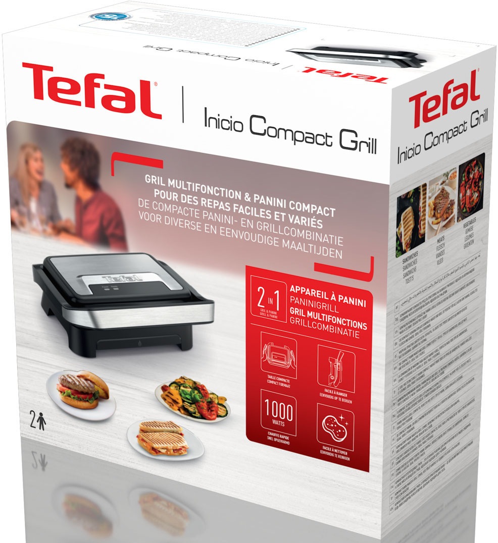 Tefal Kontaktgrill »Inicio Compact, 2-in-1 Panini /Grill, antihaftbeschichtetete Platten«, 1000 W, Platzsparendes Design, spülmaschinengeeignete Saftschale, GC270D