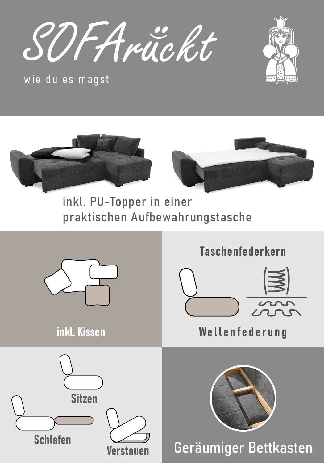 Jockenhöfer Gruppe Ecksofa »Amalfi, L-Form, B: 270 cm, Liegefl. 146x224 cm, Dauerschlafsofa« Tonnentaschen-Federkern, Topper, Bettkasten & Kissen