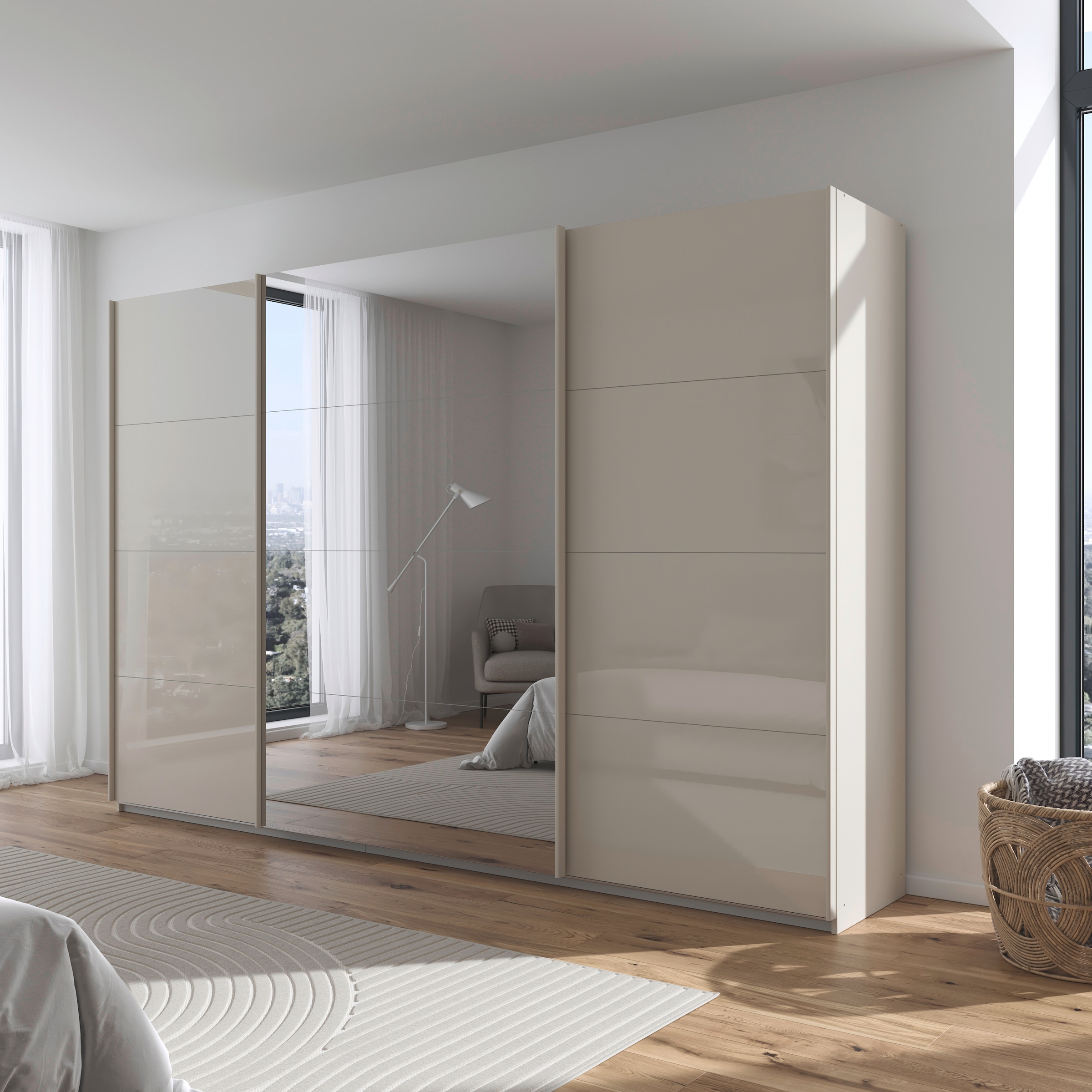 rauch Schwebetürenschrank »Kleiderschrank Kleiderschränke Schrank Garderobe AGORDO mit Glasfront«, durchdachte Innenausstattung, in 4 Breiten und 2 Höhen MADE IN GERMANY
