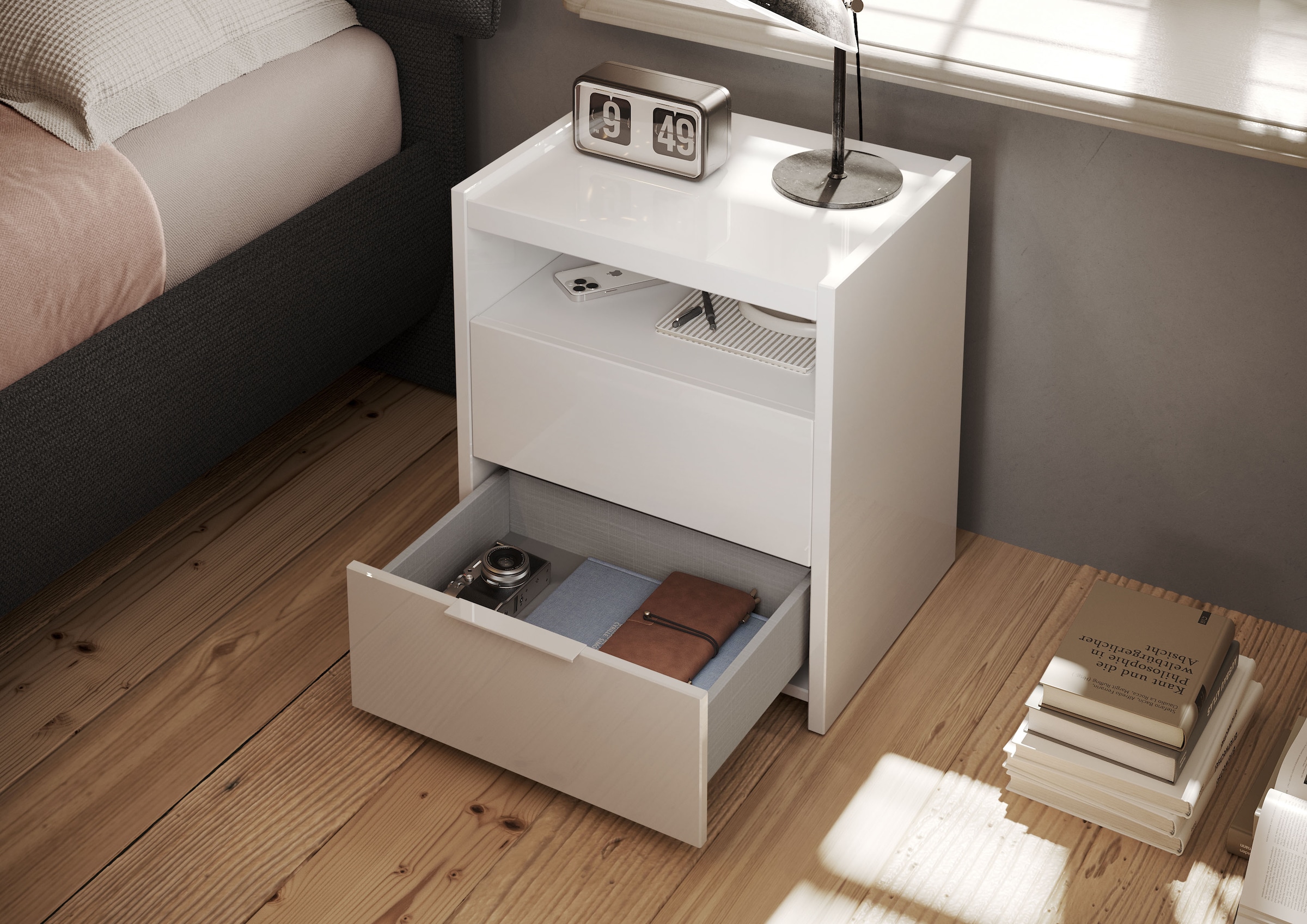 INOSIGN Nachtkommode »Malmo, Nachtschrank 2er Set, B/T/H 52/40/58 cm, mit 2 Schubkästen,«, (Set, 2 Nachtkommoden), offene Ablage, Top 22 mm stark, Metallgriff, Weiss Hochglanz Lack