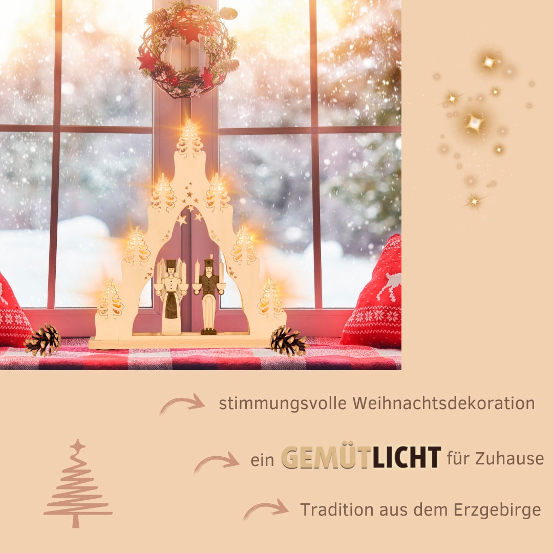 Weigla LED Schwibbogen »Engel & Bergmann, Lichterspitze aus Holz, NATUR-BRAUN«, Erzgebirge garantiert, Weihnachtsdeko Innen, Weihnachtsbeleuchtung