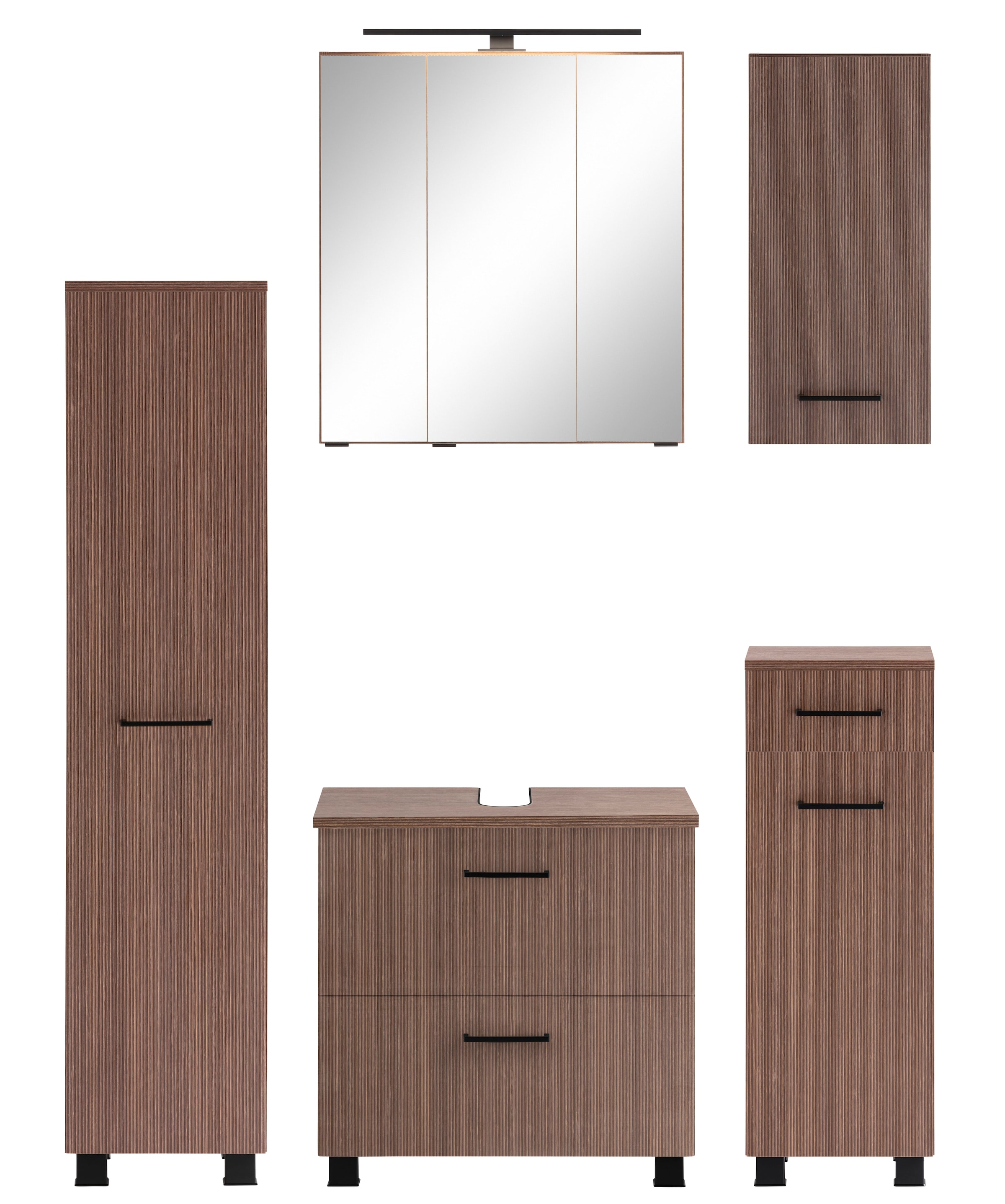 welltime Badmöbel-Set »"Trento", Badezimmer-Set, Hängeschrank, Unterschrank, Midischrank«, (5 St.), Waschbeckenunterschrank, Spiegelschrank inkl. Aufbauleuchte