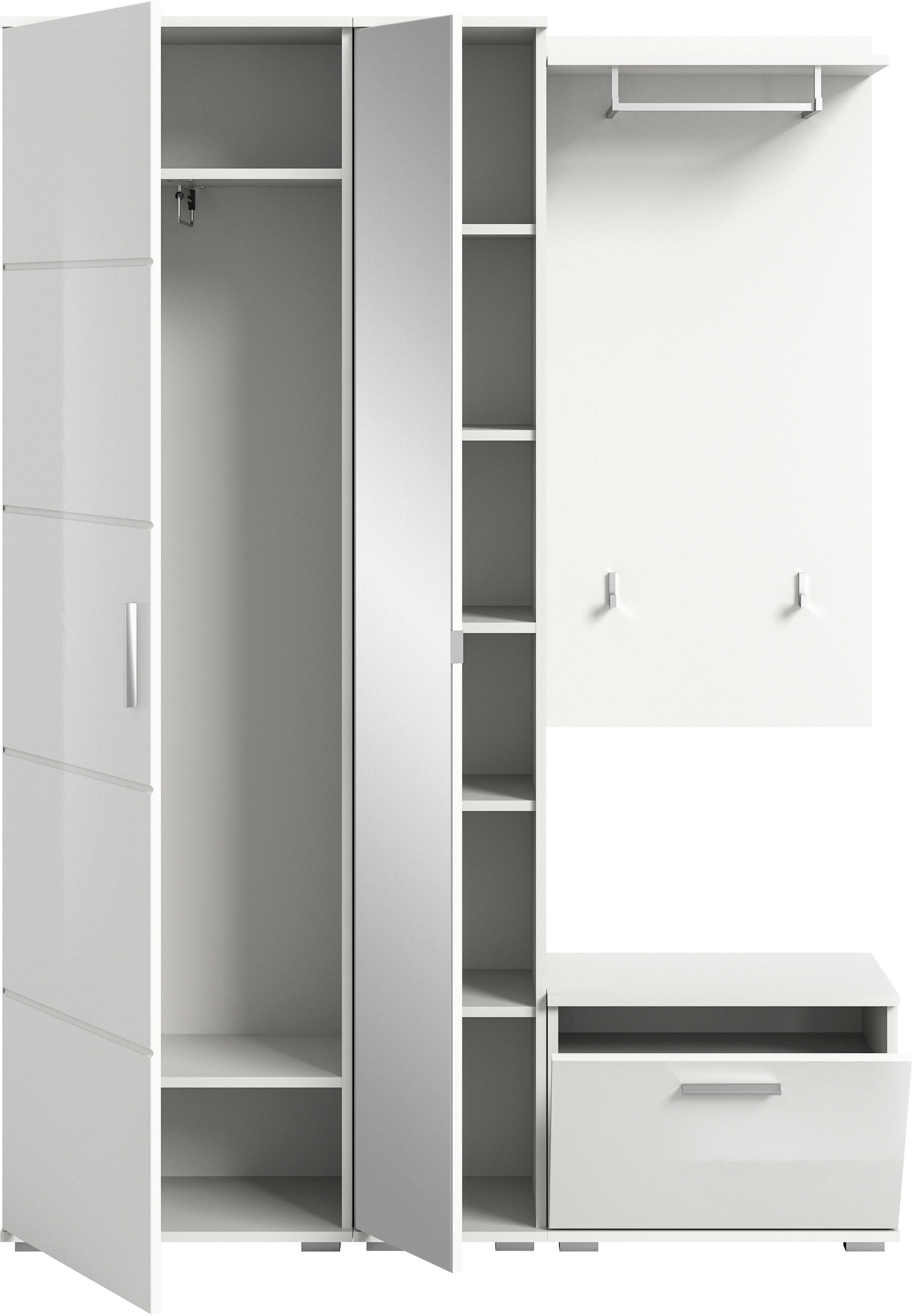 INOSIGN Garderoben-Set »Valge, Breite 140 cm, 4-teiliges Set, bestehend aus:«, (4 St.), Garderobenschrank, Spiegelschrank, Sitzbank und Garderobenpaneel