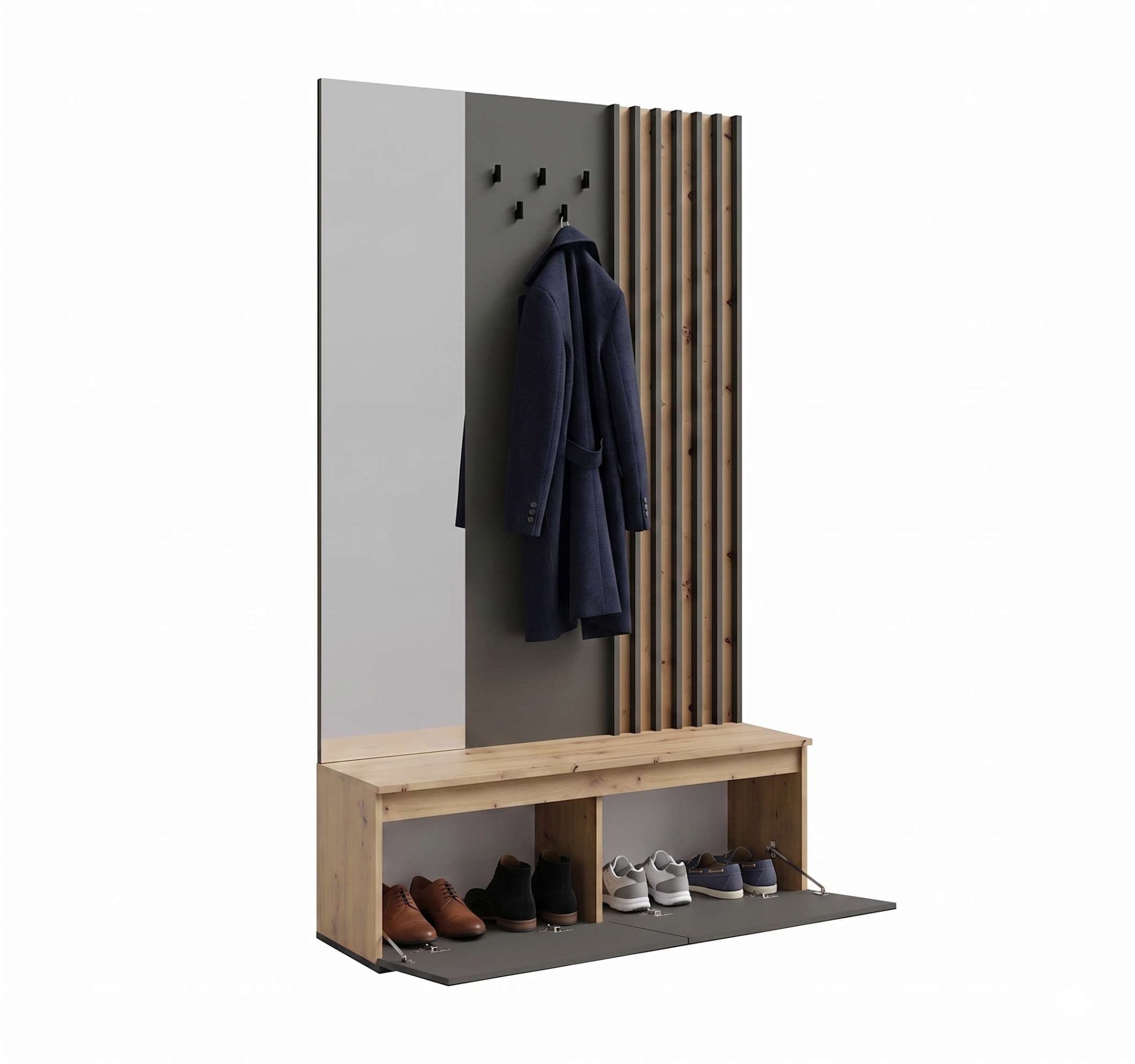 Home affaire Garderobenpaneel »LANDUVA Garderobe mit Schuhschrank, Spiegel und Haken, Breite 120 cm« Garderoben-Set, Kompaktgarderobe, mit Sitzbank, Lamellen Design