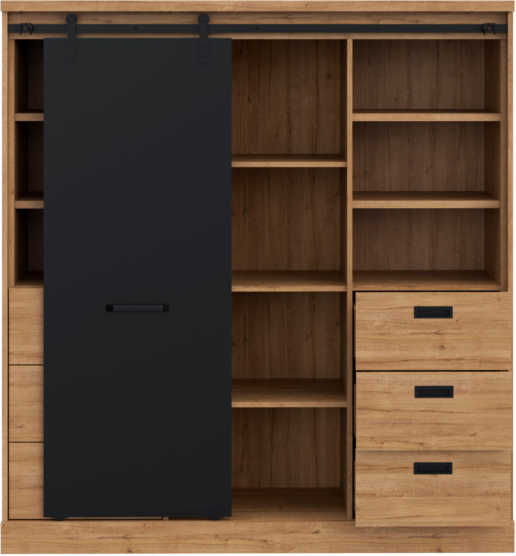 Highboard, Waterford Eiche/ Schwarz B/H/T: 148,4 cm x 160,2 cm x 52 cm