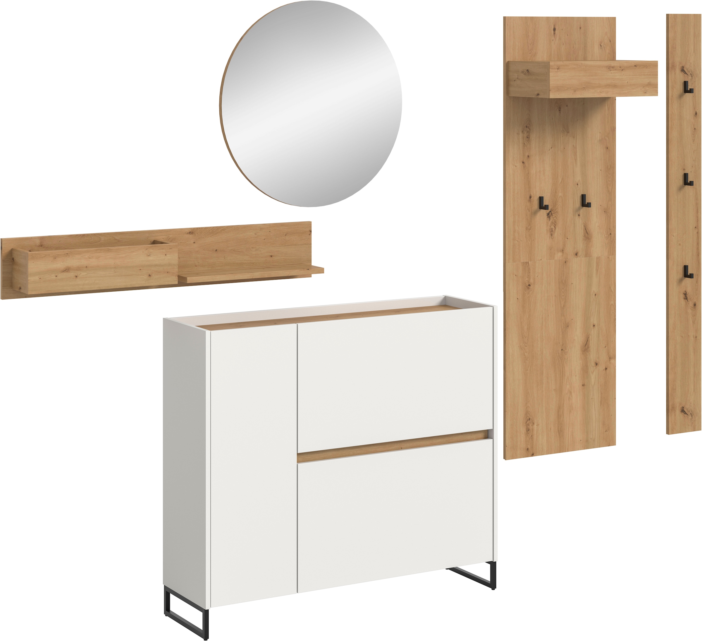 INOSIGN Garderoben-Set »EVRID, 5-teilig, Breite 236 cm, individuell stellbar & erweiterbar« best. aus.: Wandboard, Kommode, Spiegel, Garderobenpaneel, Hakenleiste, 5 Stk. tlg.