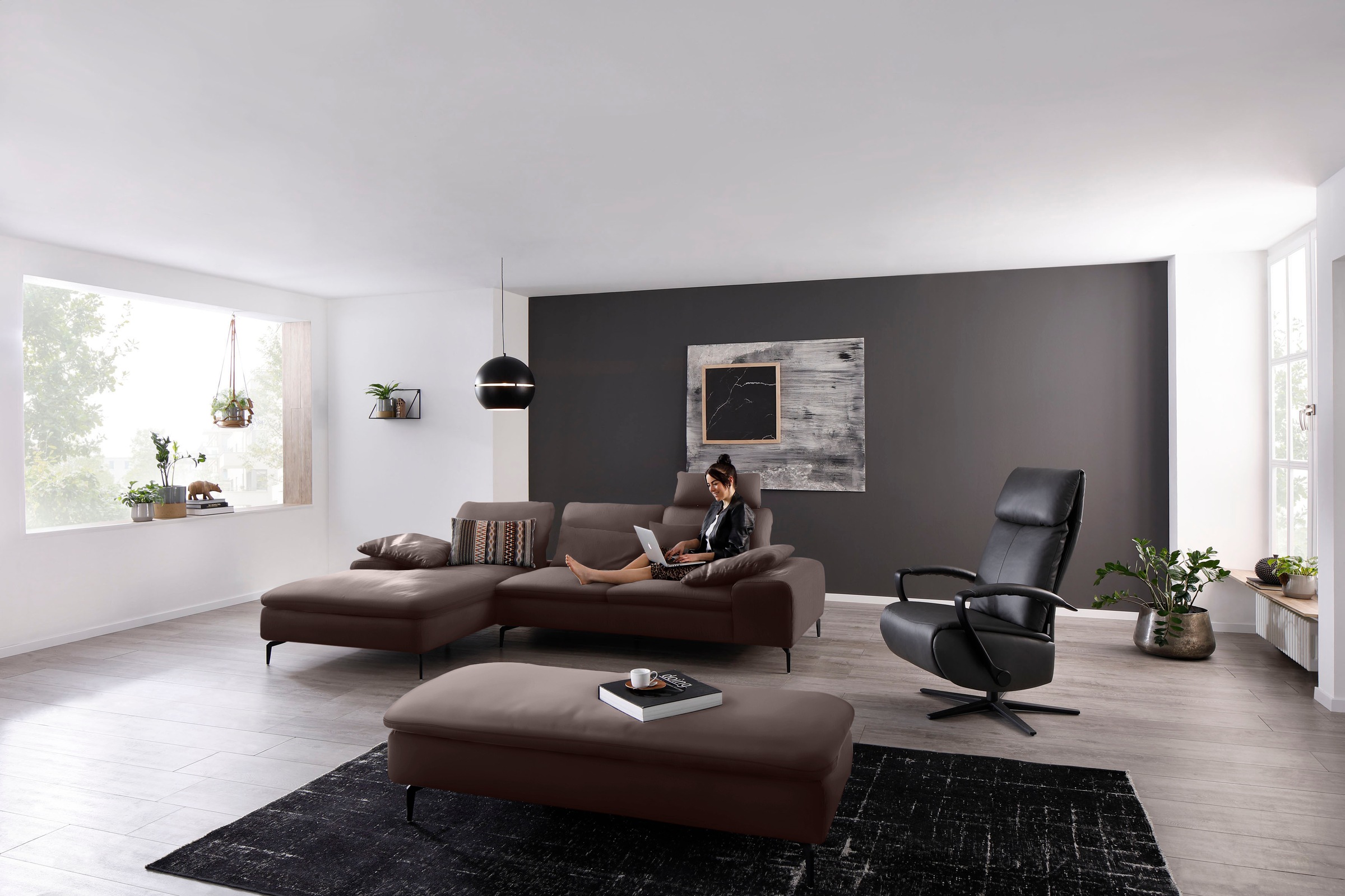 W.SCHILLIG Ecksofa »valentinoo, Designsofa, bequem, elegant und zeitlos, L-Form«, (Set), inklusive Hocker, mit Sitztiefenverstellung, Breite 299 cm