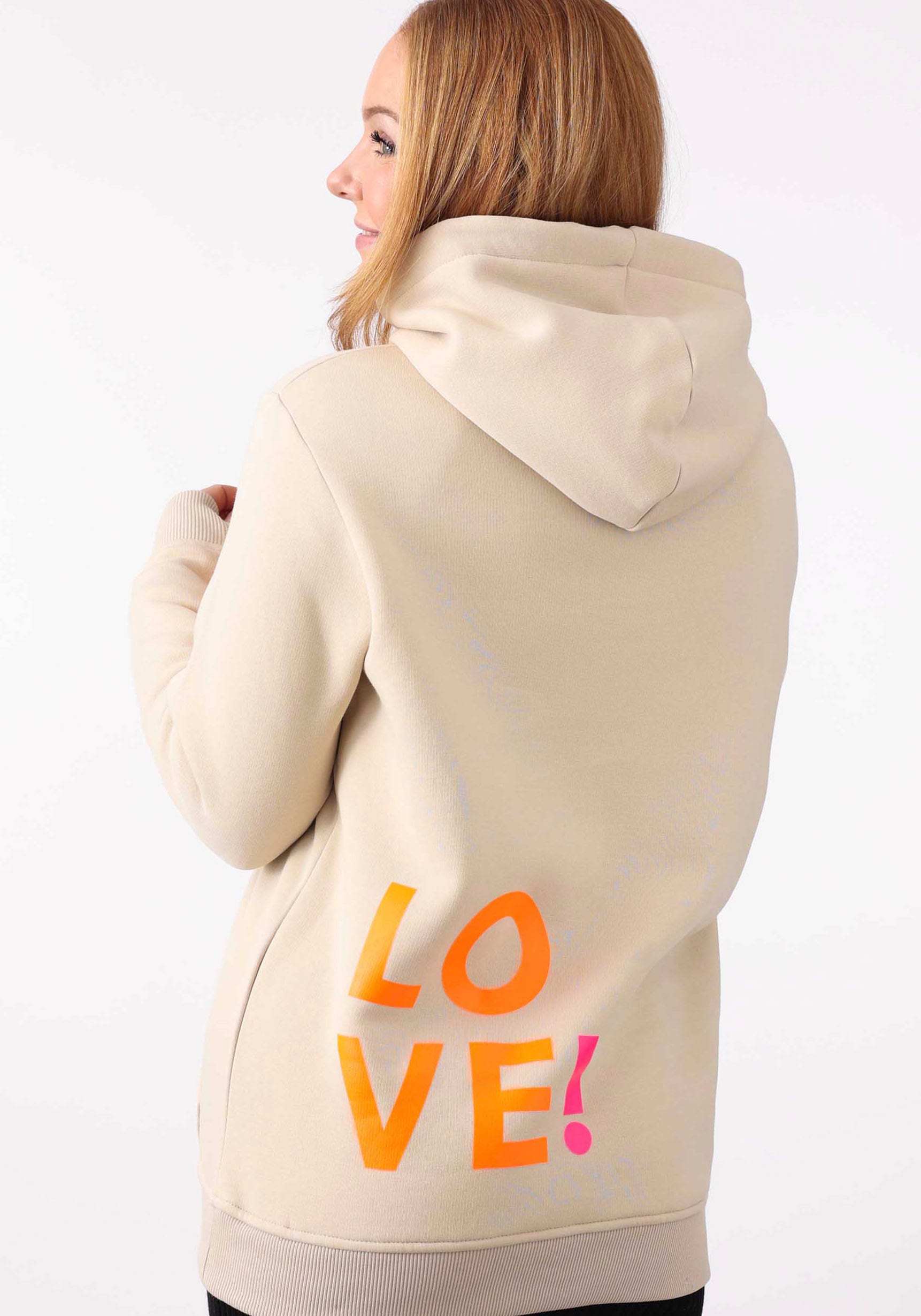 Zwillingsherz Kapuzensweatshirt, mit Aufschrift "LOVE" in Neon