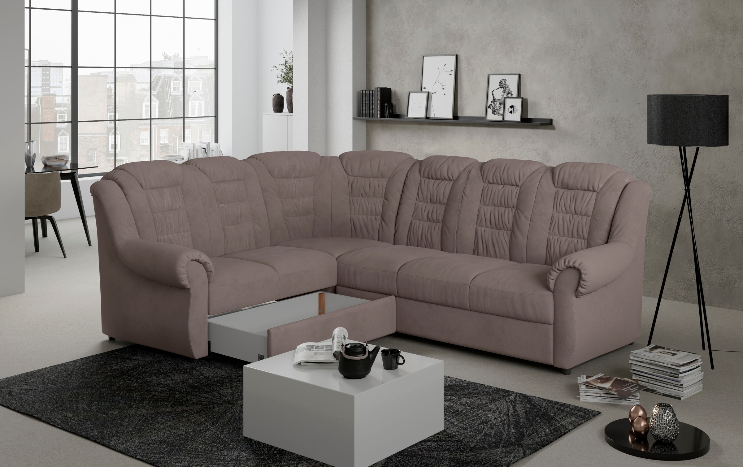 Home affaire Ecksofa »Boston L-Form«, mit hoher Rückenlehne, wahlweise mit Bettfunktion & Stauraum