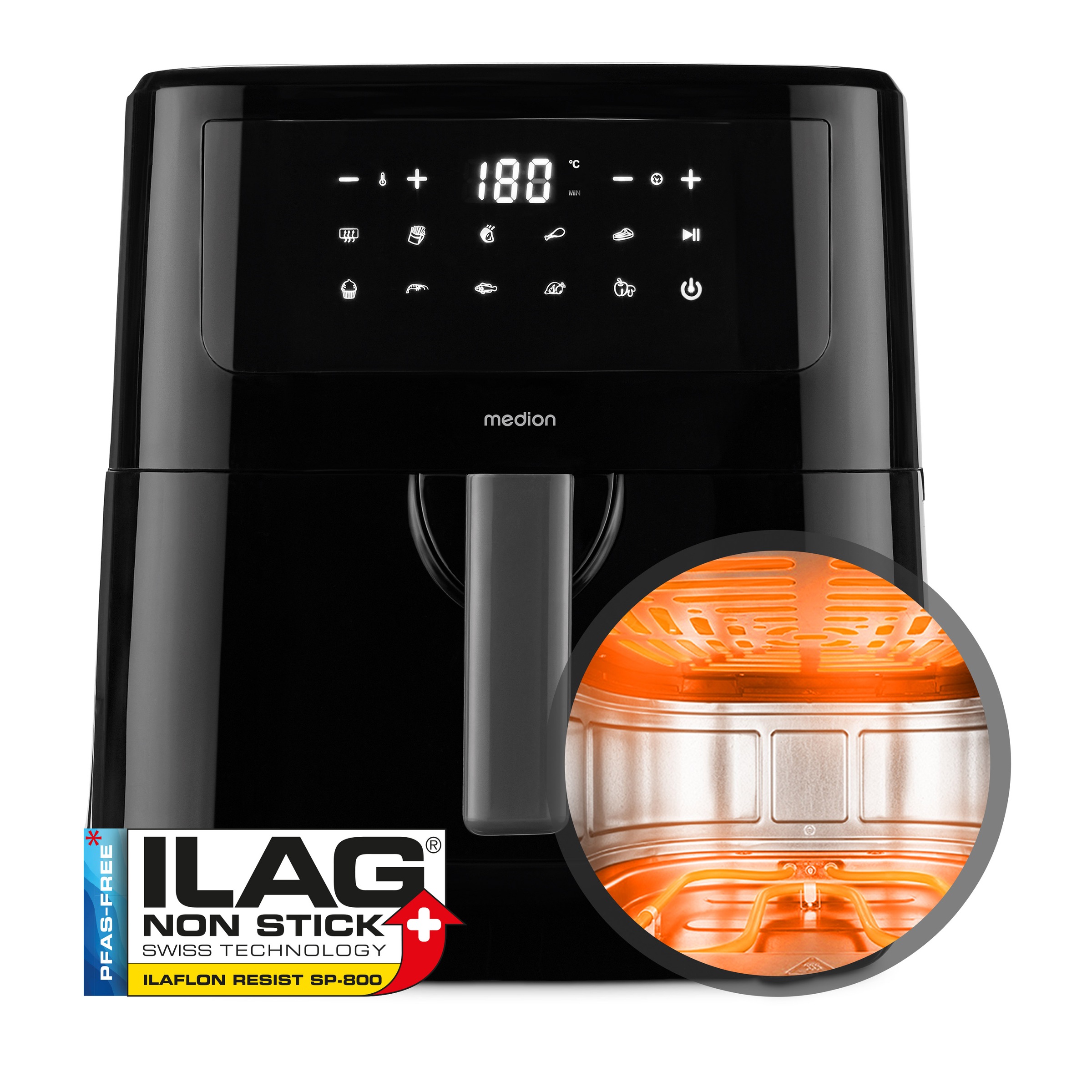 Medion® Heißluftfritteuse »P10 XL (MD 11750), 6,8 L Korbvolumen, 9 Automatikprogramme, Vorheizen«, 2000 W, Fassungsvermögen 6,8 l, Temperatur einstellbar 50 - 200 °C, ILAG Beschichtung, Timer