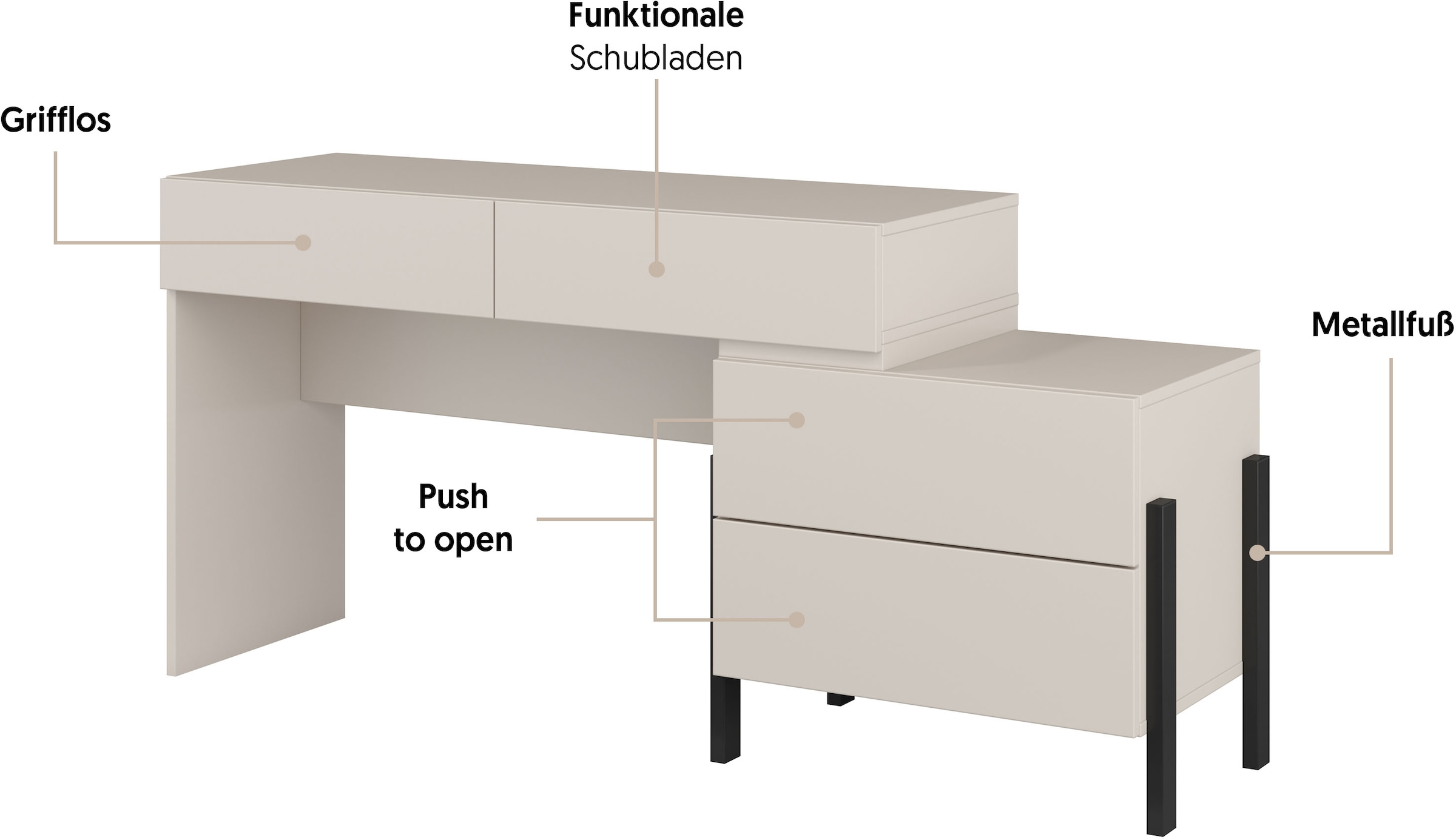 Home affaire Schminktisch »Jukon, Breite 143 cm, moderner Schminktisch«, (ohne Spiegel), Schminktisch, grifflos mit 4 SK