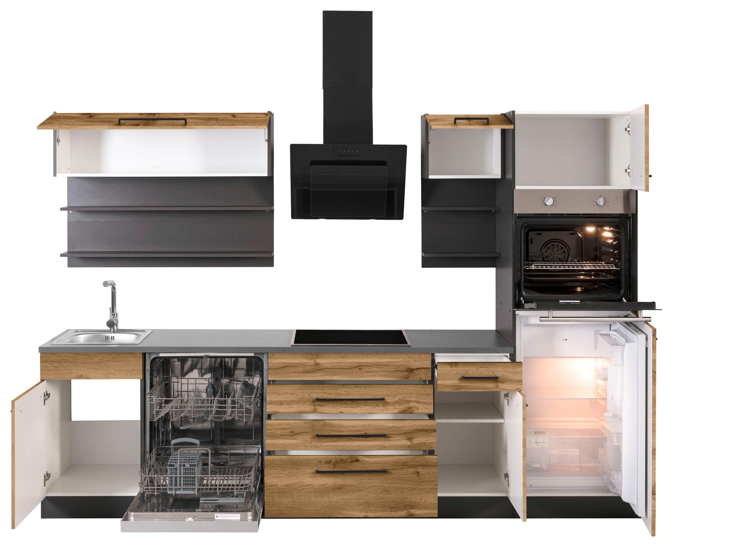 KOCHSTATION Küchenzeile »KS-Tulsa« mit E-Geräten, Breite 290 cm, schwarze Metallgriffe, MDF Fronten