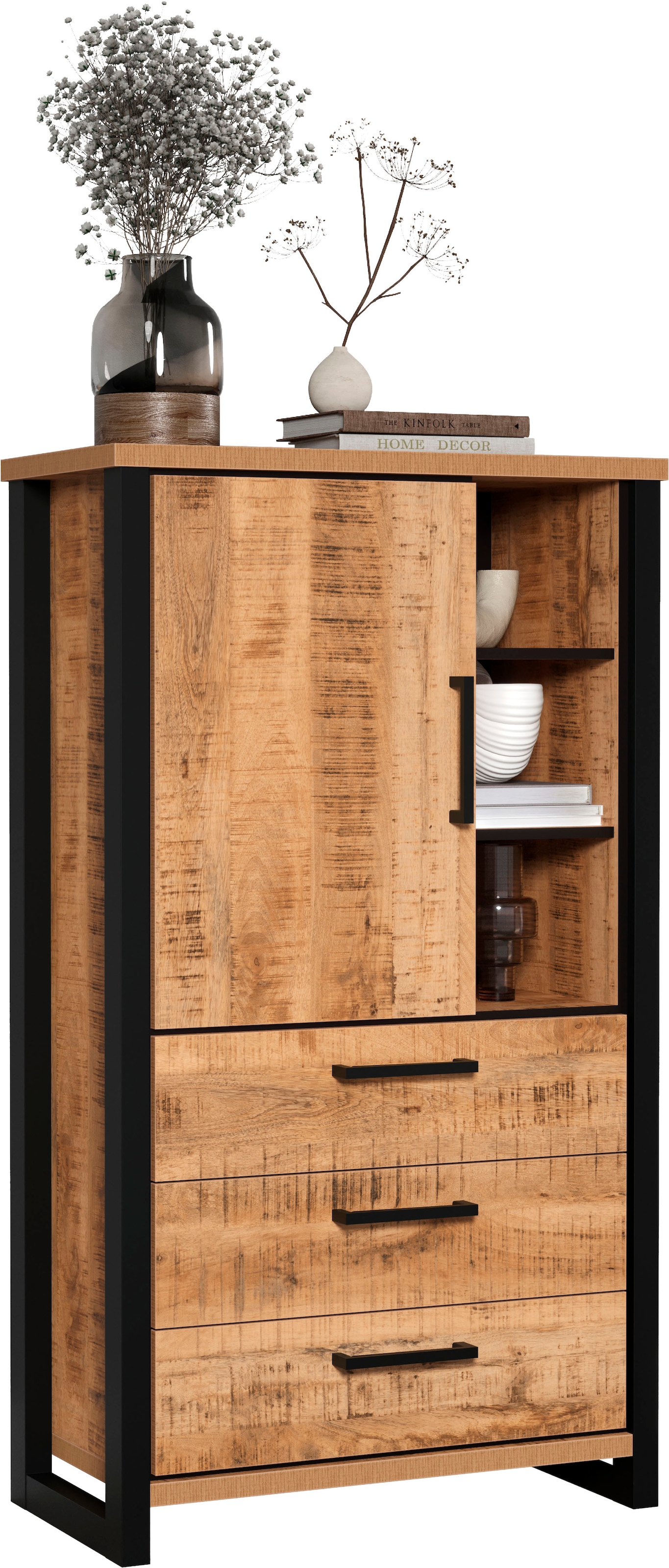 Home affaire Highboard »Elda« 1 Stk. tlg. Vitrine mit 1 Tür & 3 Schubladen mit Vollauszug – (B/T/H) 87/45/155 cm