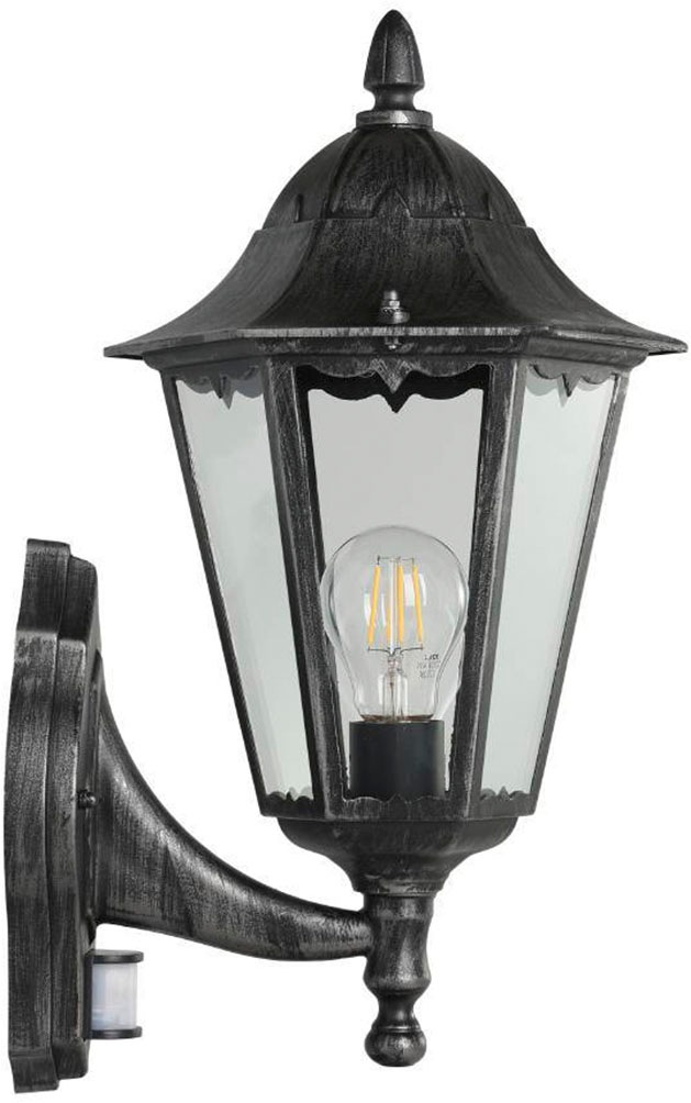 EGLO Außen-Wandleuchte »NAVEDO Wandlampe, Außenbeleuchtung, schwarz, silber-patina, klassisch«, 1 flammig, Leuchtmittel E27 | ohne Leuchtmittel, Eckmontage möglich, Erfassungswinkel 110° / 7m, IP44, 42,5x28,5x20cm