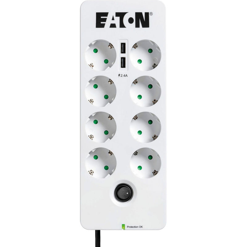 EATON Mehrfachsteckdose »Protection Box 8 Tel USB DIN« (LED-Statusanzeige USB-Anschlüsse separate Ein- / Ausschalter Kindersicherung ) weiß...