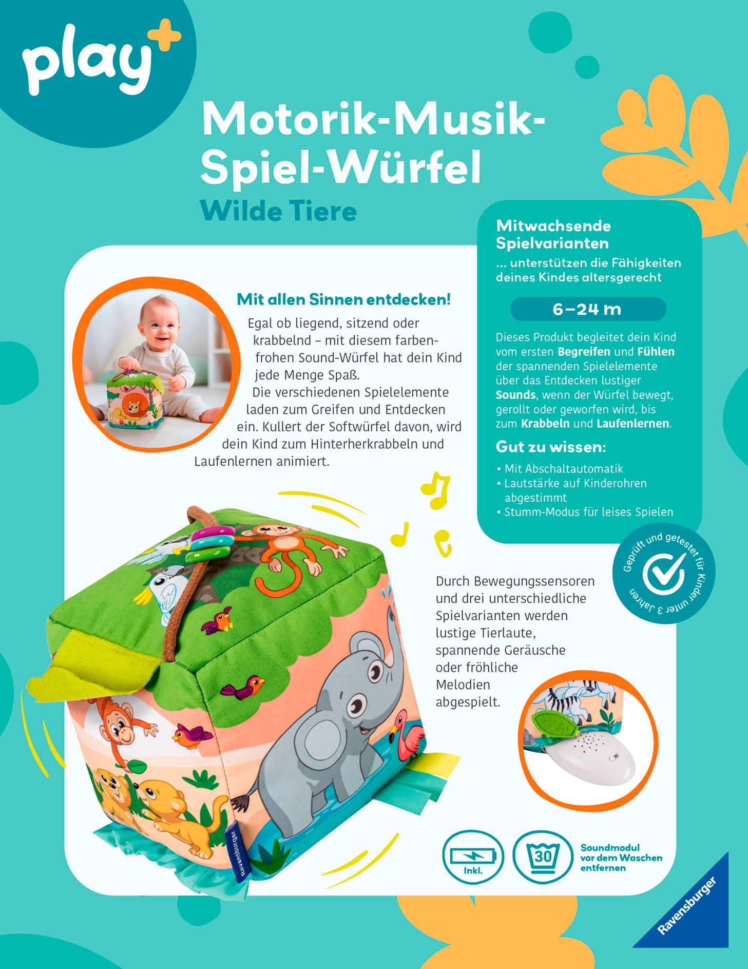 Ravensburger Motorikwürfel »Play+ Motorik-Musik-Spiel-Würfel Wilde Tiere«