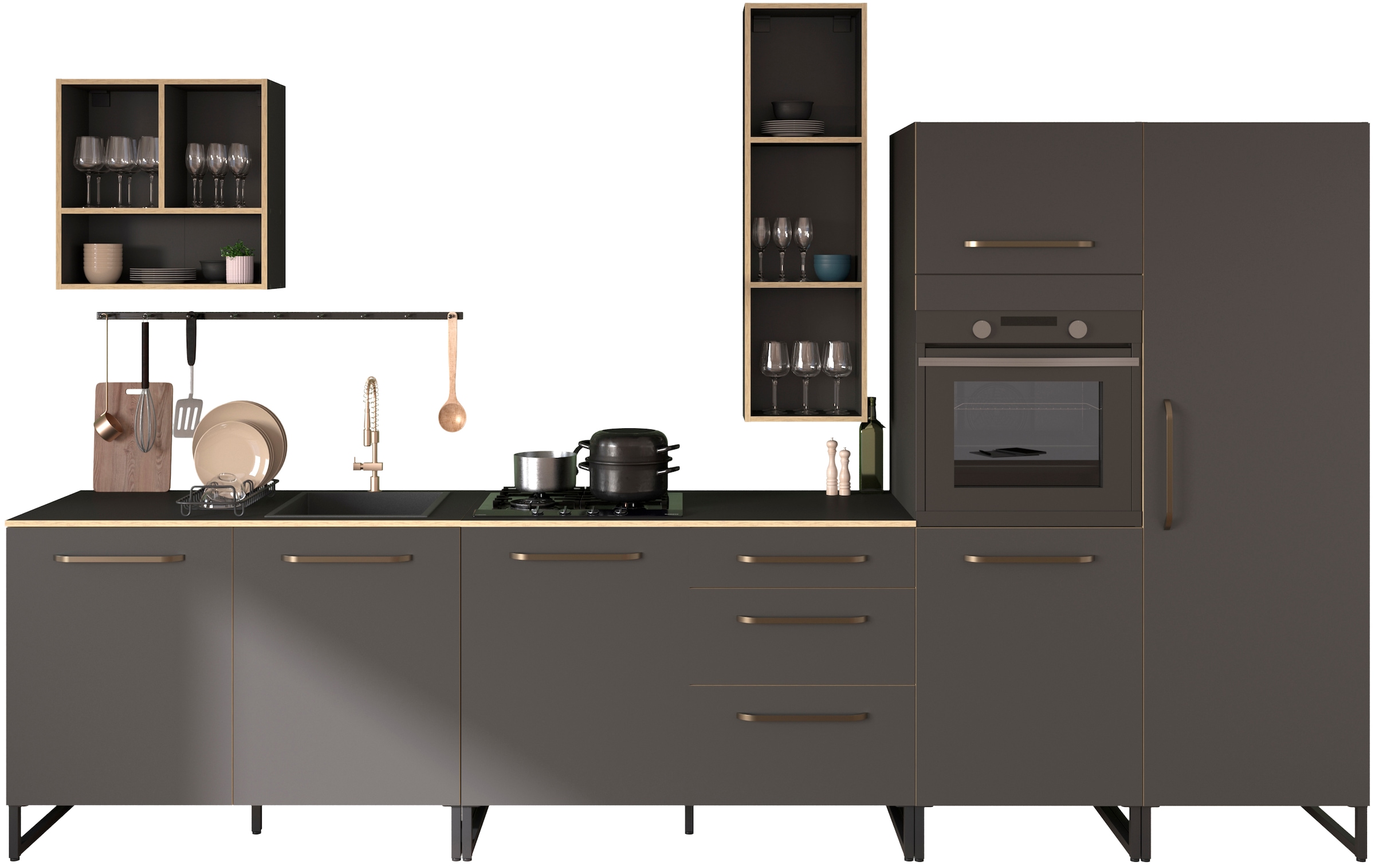 PARISOT Küchenzeile »Wave 2, Breite 360 cm« Set, 6 Teilig, melaminbeschichtet, Schränke variabel stellbar, ohne Elektrogeräte Küche: grau + Front:...