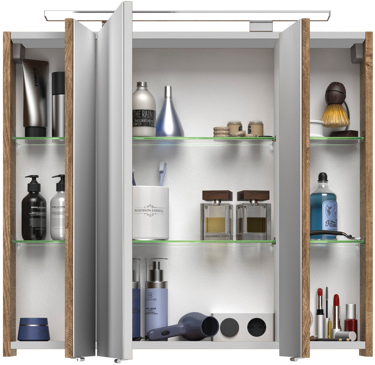 Saphir Badezimmerspiegelschrank »Serie 4010 Badezimmer-Spiegelschrank inkl. LED-Aufsatzleuchte«, Badschrank 80 cm breit, 3 Türen, 6 Glas-Einlegeböden, inkl Türdämpfer