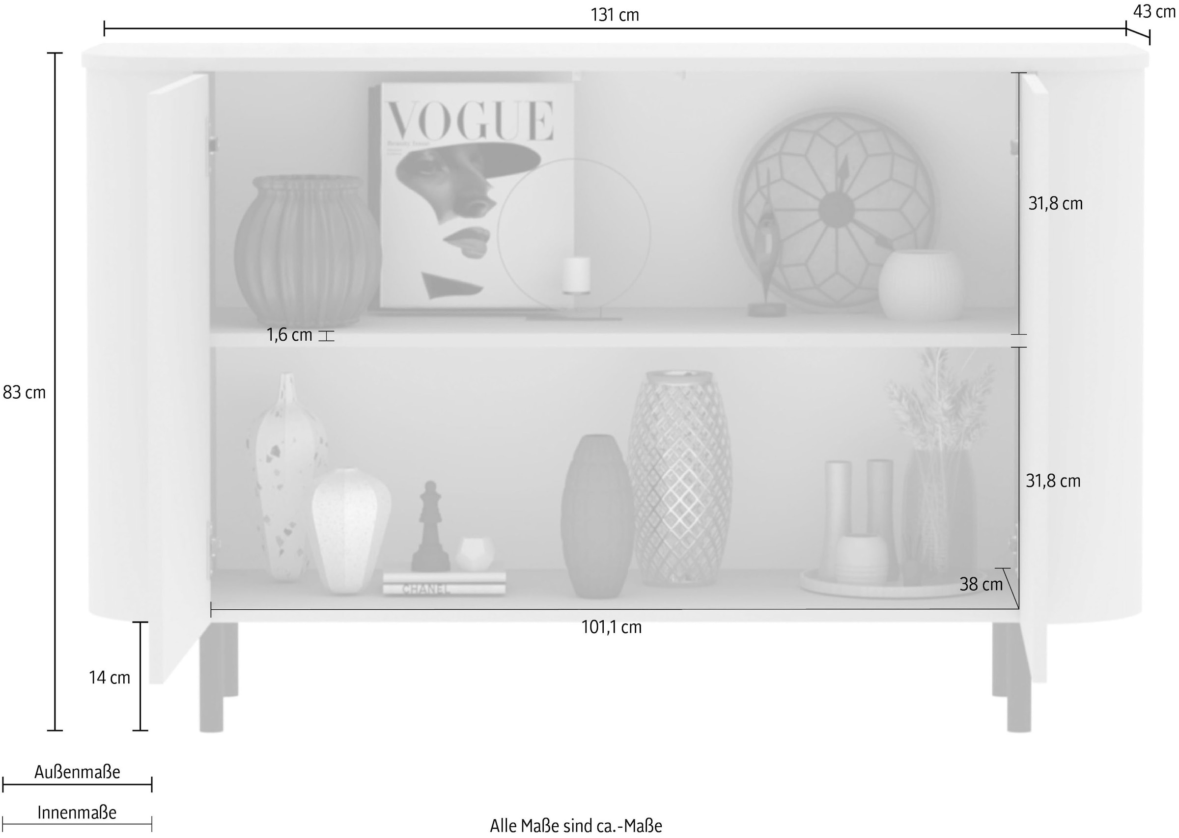 INOSIGN Sideboard »Lido, 131 cm breit, 2 Türen, Anrichte, Kommode, Stauraumschrank« Formgebogenes MDF, Stirnseiten mit Rundung, Push-to-open, Metallfüße