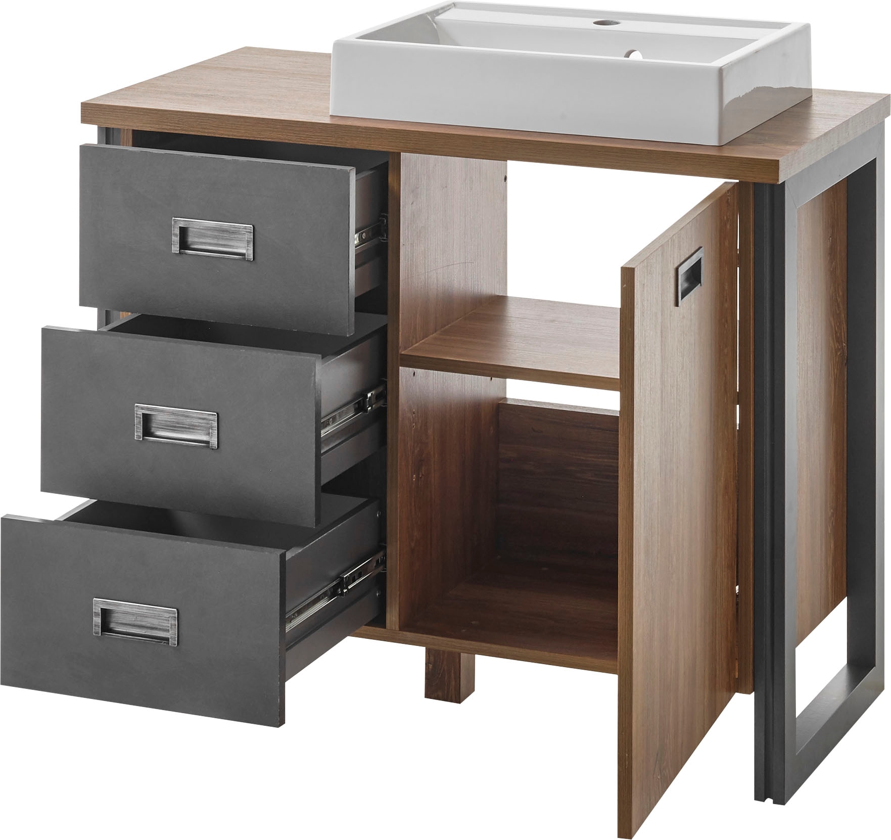 Home affaire Badmöbel-Set »Detroit, Bad im Industrialdesign, inkl. LED, 2-teiliges Badezimmer«, (2 St.), Waschtisch und Spiegel, inkl. Aufsatzwaschbecken aus Mineralguss