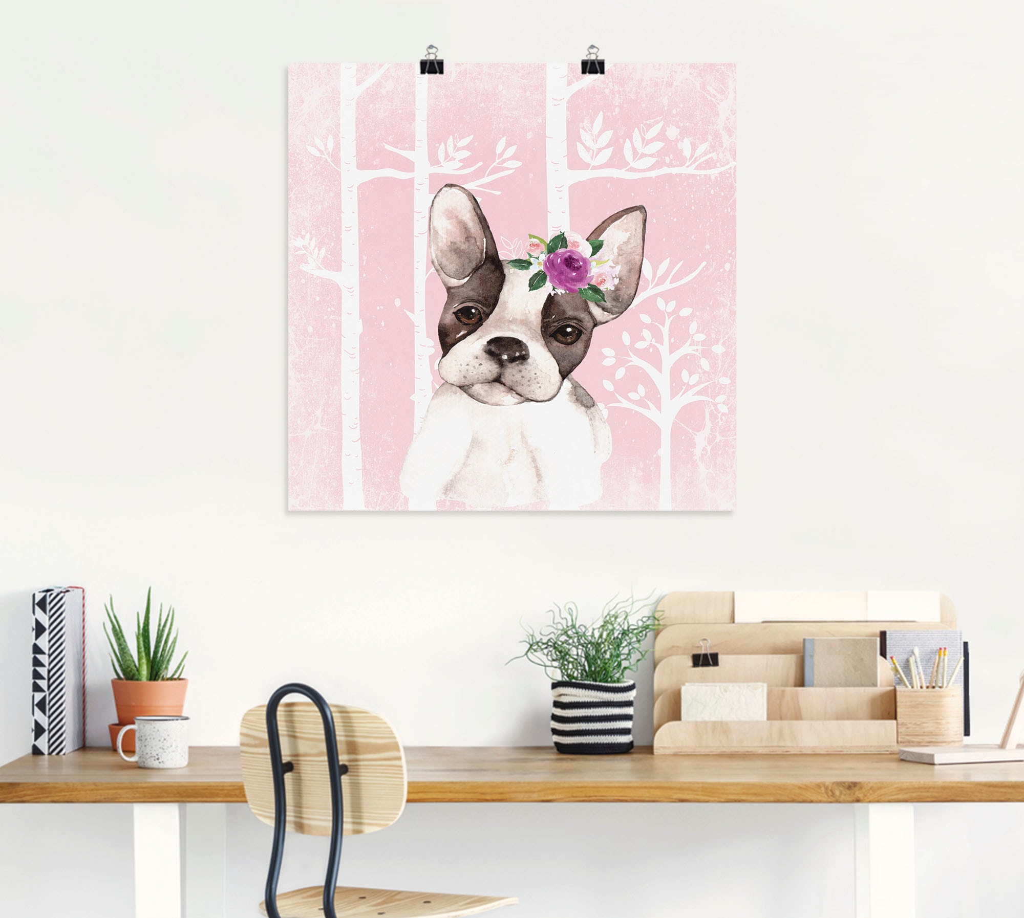 Artland Wandbild »Mops Hund mit Blumen im pink Wald«, Tiere, (1 St.), als Poster, Wandaufkleber in verschied. Größen
