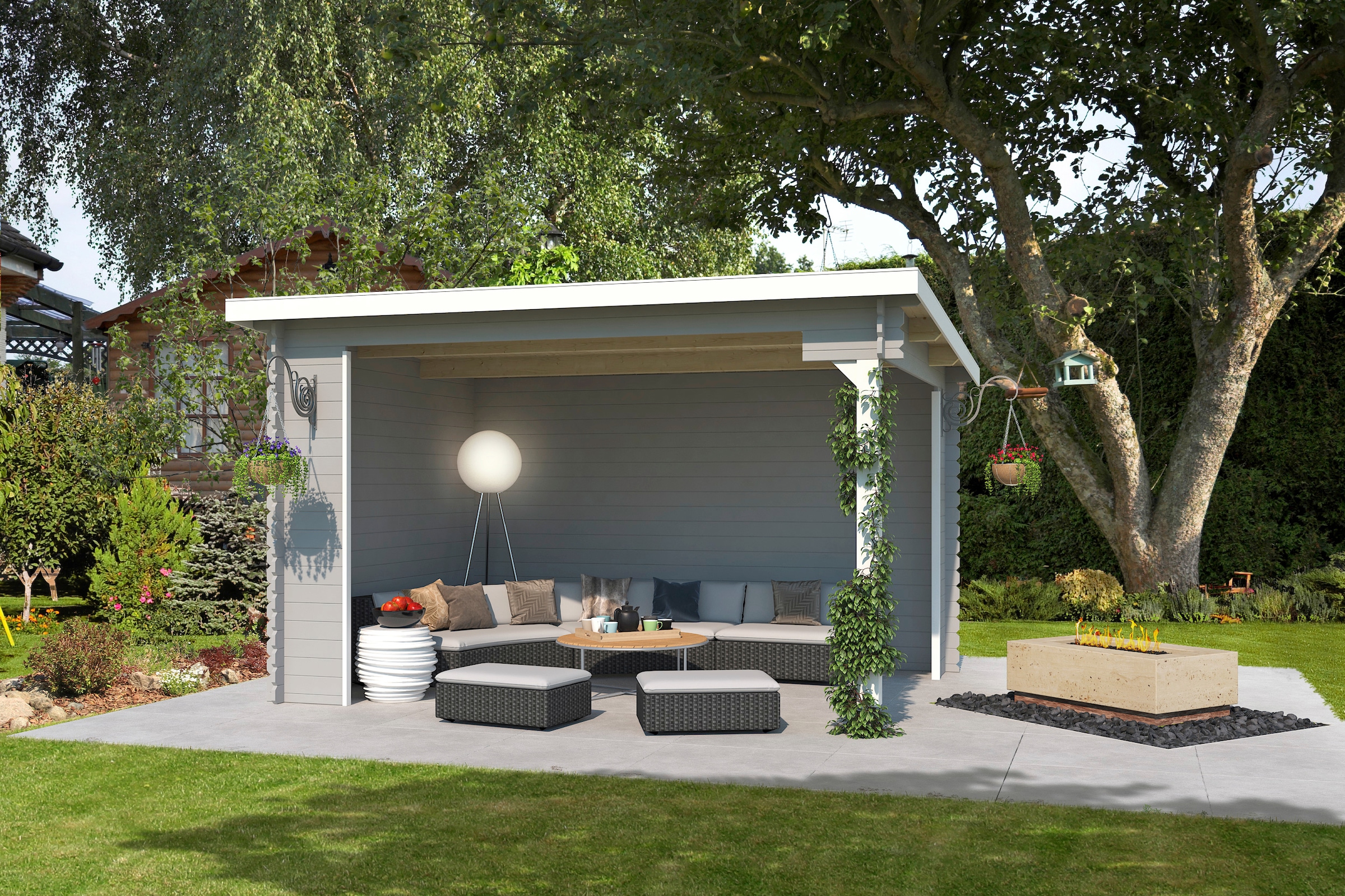LASITA MAJA Gartenhaus »Unterstand/Lounge Buffalo 380«, Unterstand / Lounge 28mm, Fundamentmass 3800x2750, Lichtgrau
