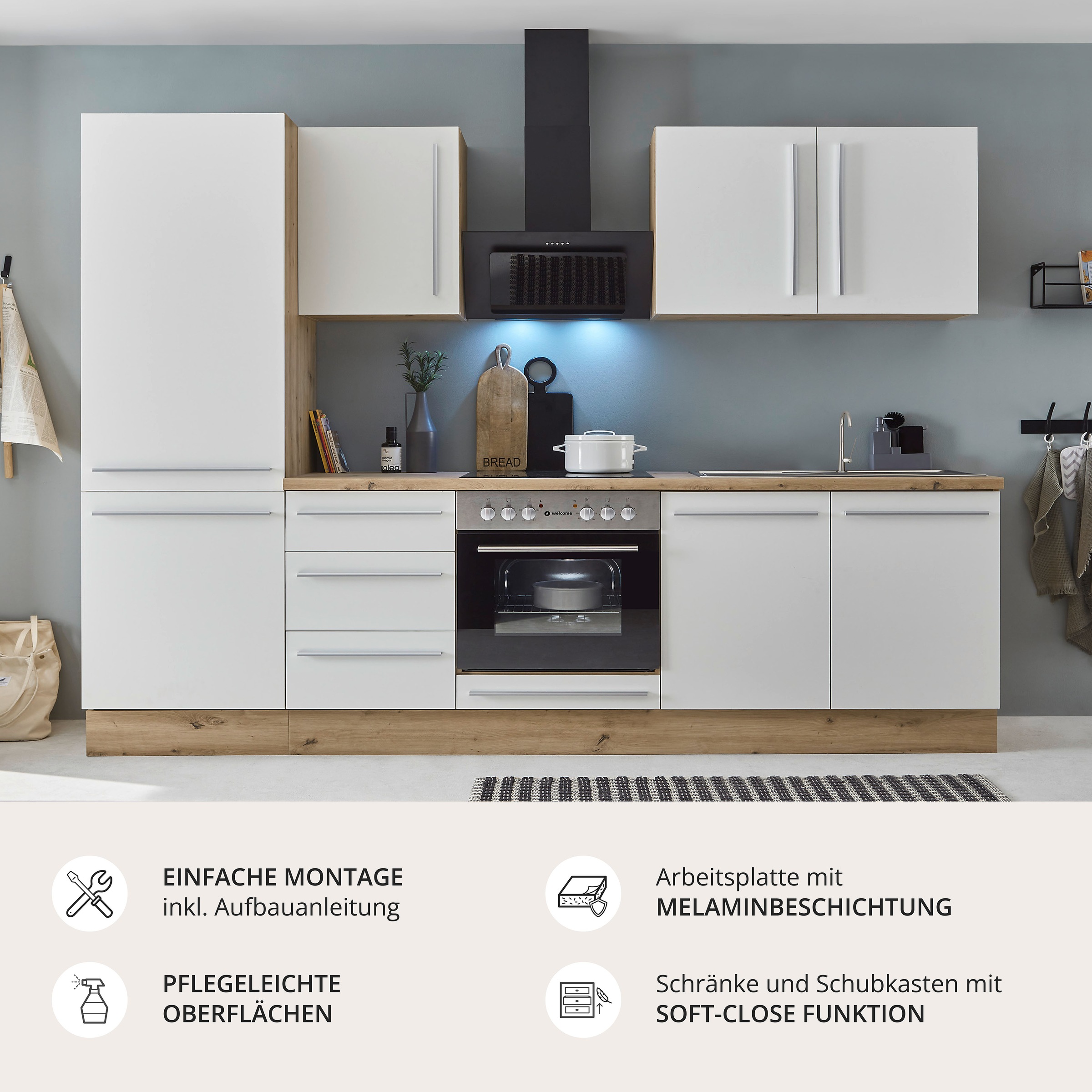 KOCHSTATION Küchenzeile »KS-Florida mit 38mm starker Arbeitsplatte« Breite 270 cm, wahlweise mit E-Geräten, Soft-Close-Funktion