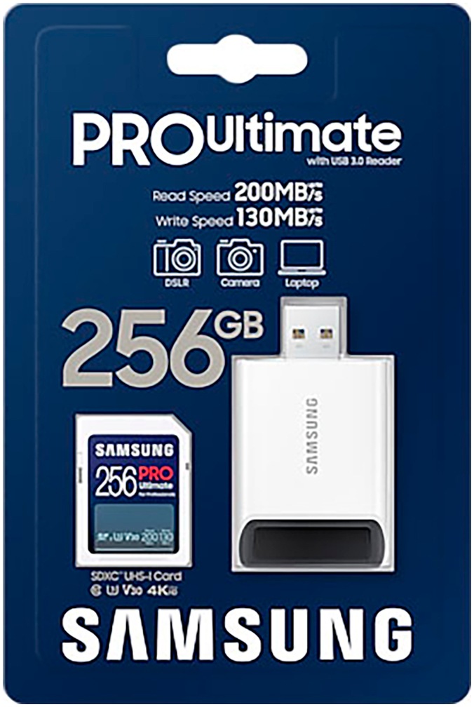 Samsung Speicherkarte »SD PRO Ultimate + USB Adapter«, (Video Speed Class 30 (V30)/UHS Speed Class 3 (U3) 200 MB/s Lesegeschwindigkeit)
