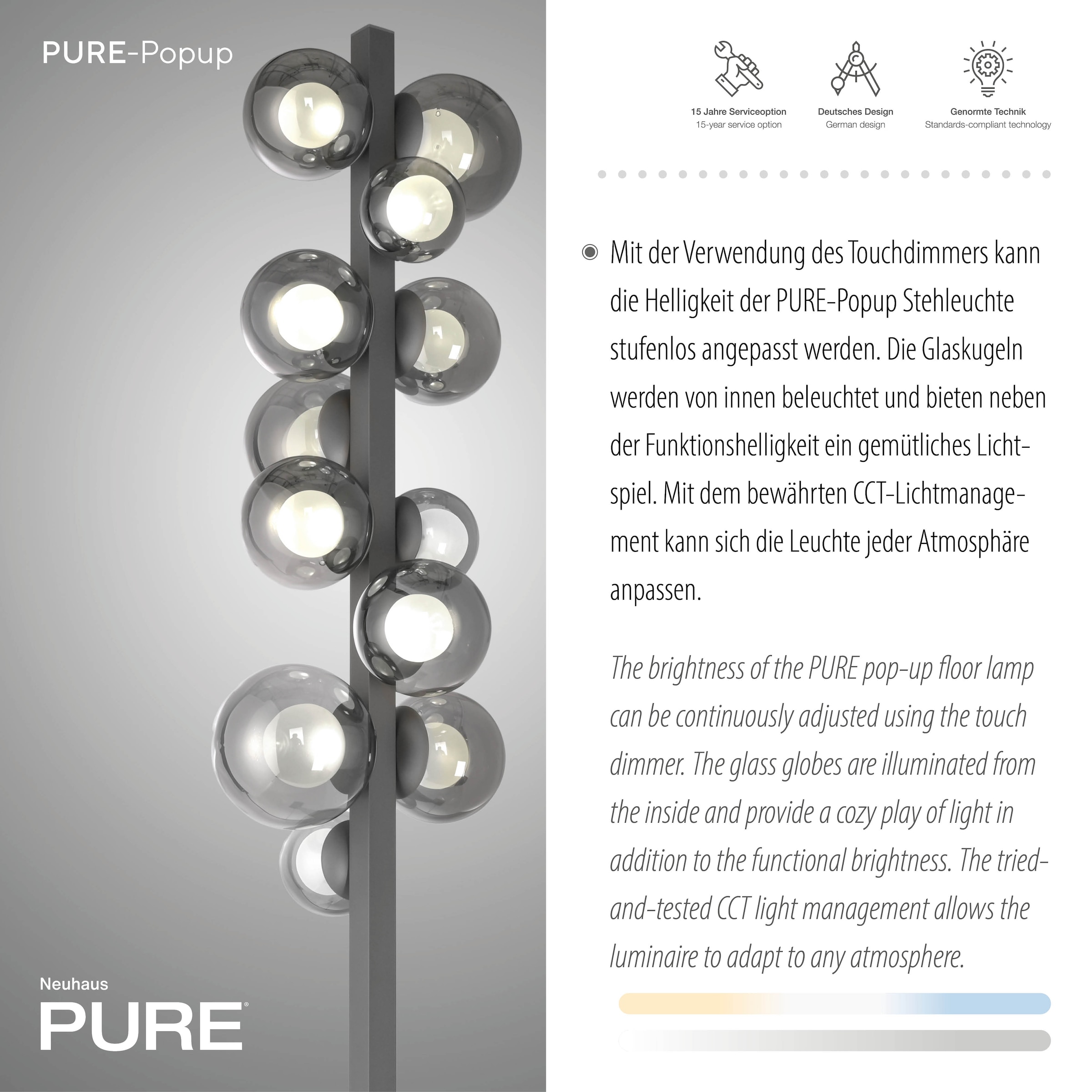 Neuhaus PURE LED Stehlampe »PURE Popup« LED-Board 1 Stk. warmweiß - kaltweiß Stufenloses dimmen, CCT, Tastdimmer,  Memoryfunktion