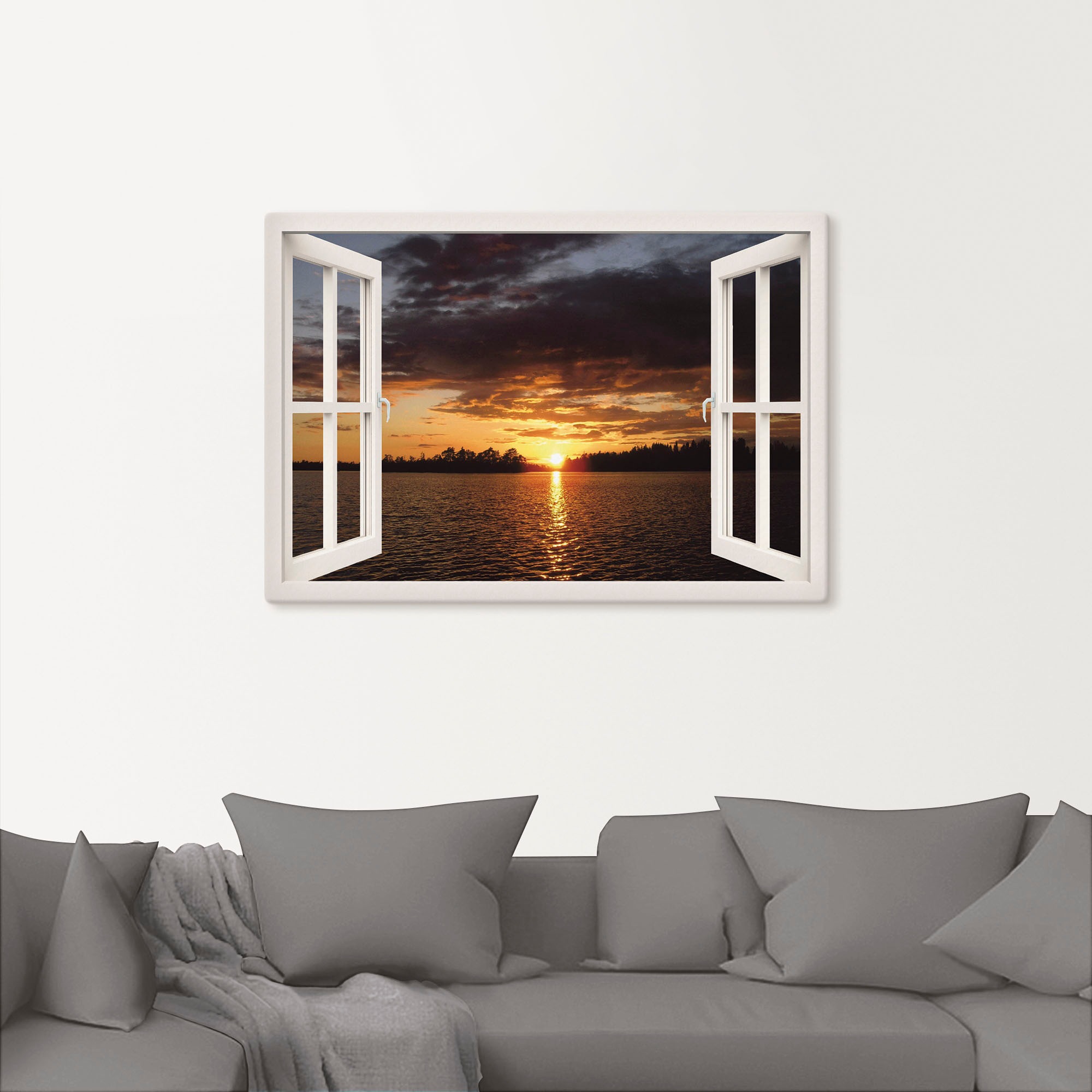 Artland Leinwandbild »Sonnenuntergang am See, weißes Fenster«, Seebilder, (1 St.), auf Keilrahmen gespannt