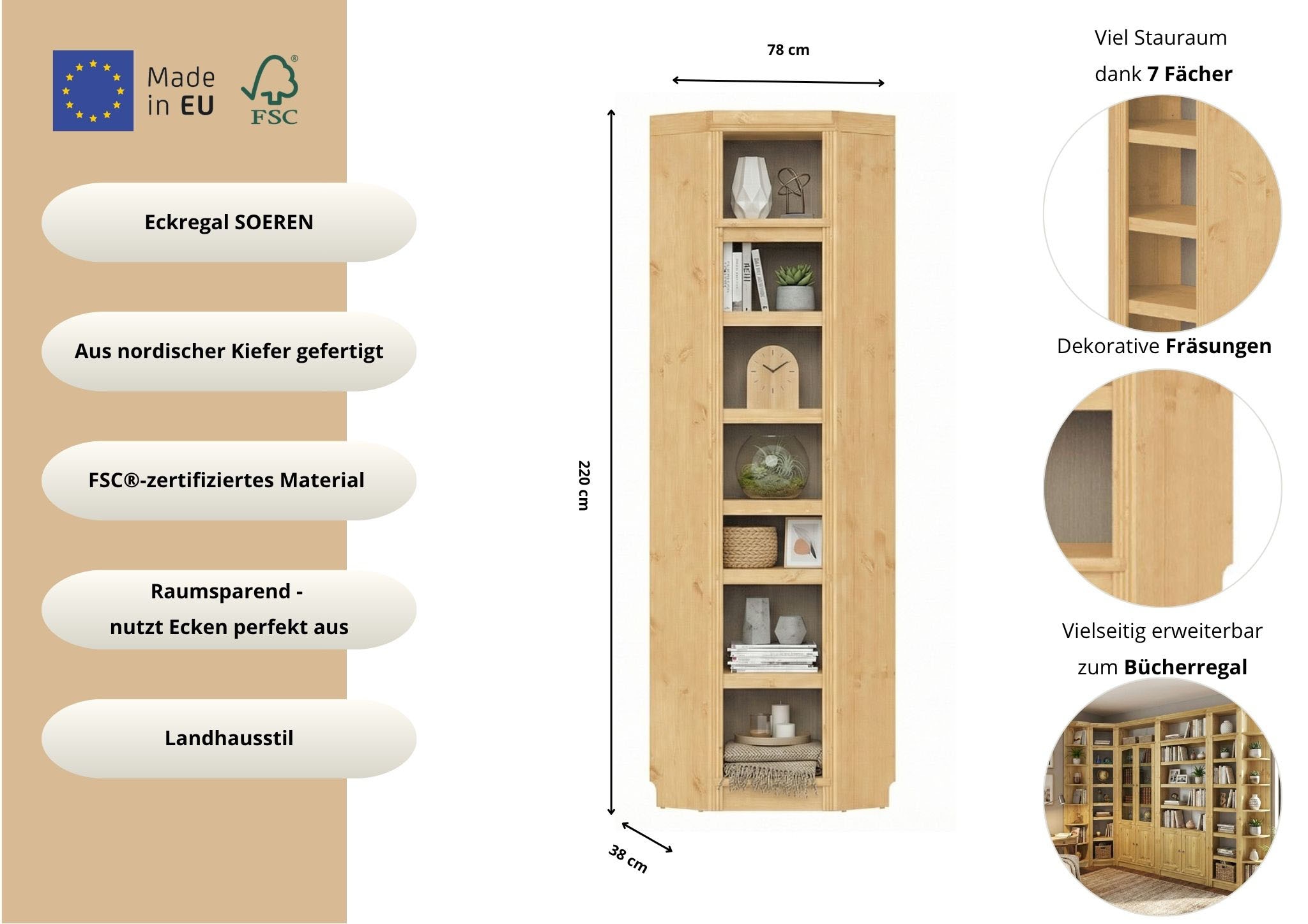 OTTO home Eckregal »Soeren Regal Höhe 220 cm, massive Kiefer, FSC®-zertifiziert« passend für Regale Soeren mit einer Tiefe von 29 cm