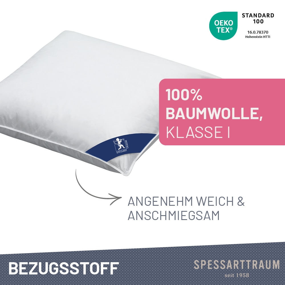 SPESSARTTRAUM Federkissen »FIRST CLASS«, Füllung: 100% Federn, Klasse 1, Downpass zertifiziert, Bezug: 100% Baumwolle, Made in Green, Hausstauballergiker geeignet, (1 St.), gute Stützkraft, Seitenschläfer & Rückenschläfer