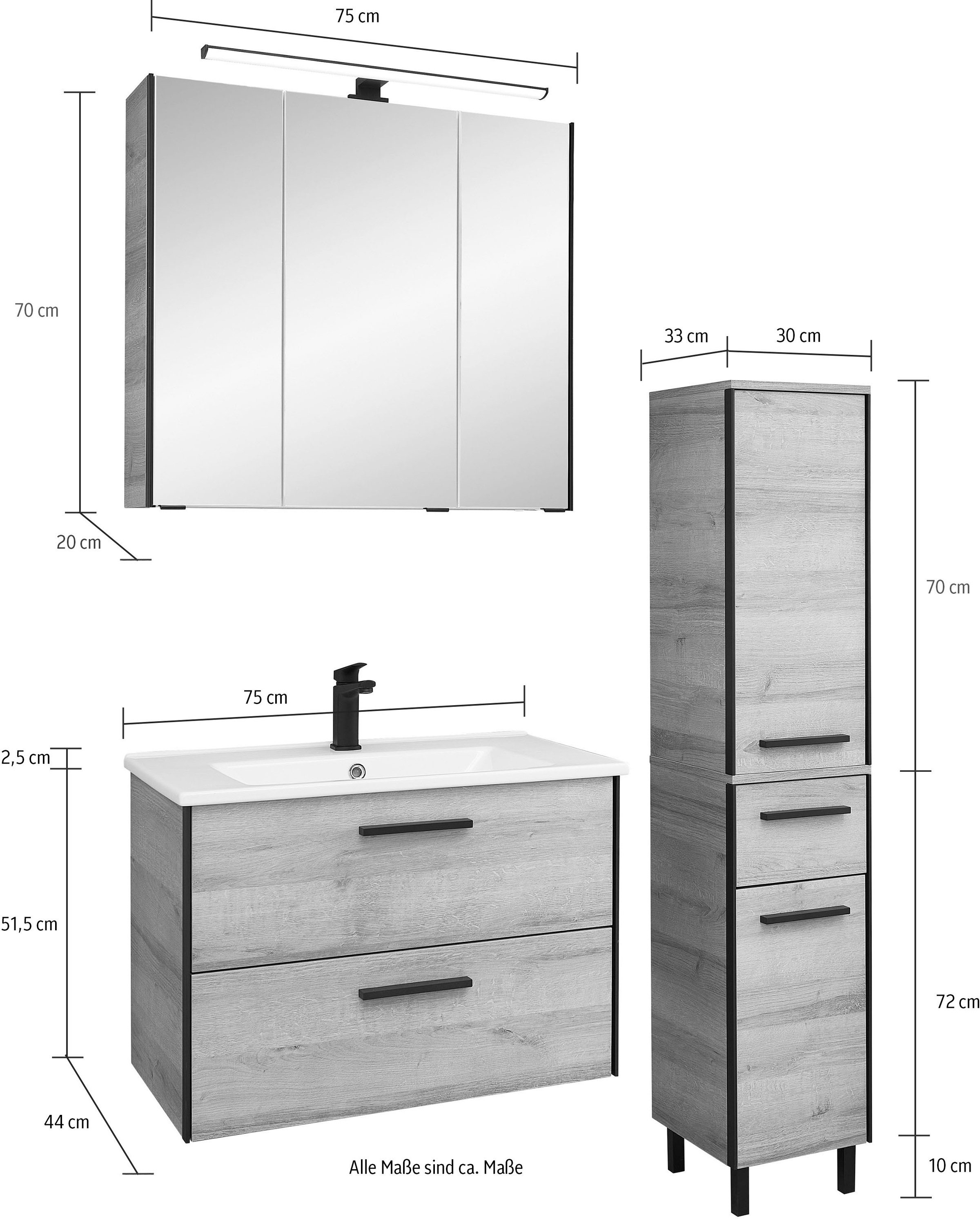 Saphir Badmöbel-Set »Quickset 395 3-teilig, Keramikwaschtisch mit LED-Spiegelschrank«, (5 St.), Midischrank, inkl. Türdämpfer, 5 Türen, 3 Schubladen, Bad-Set