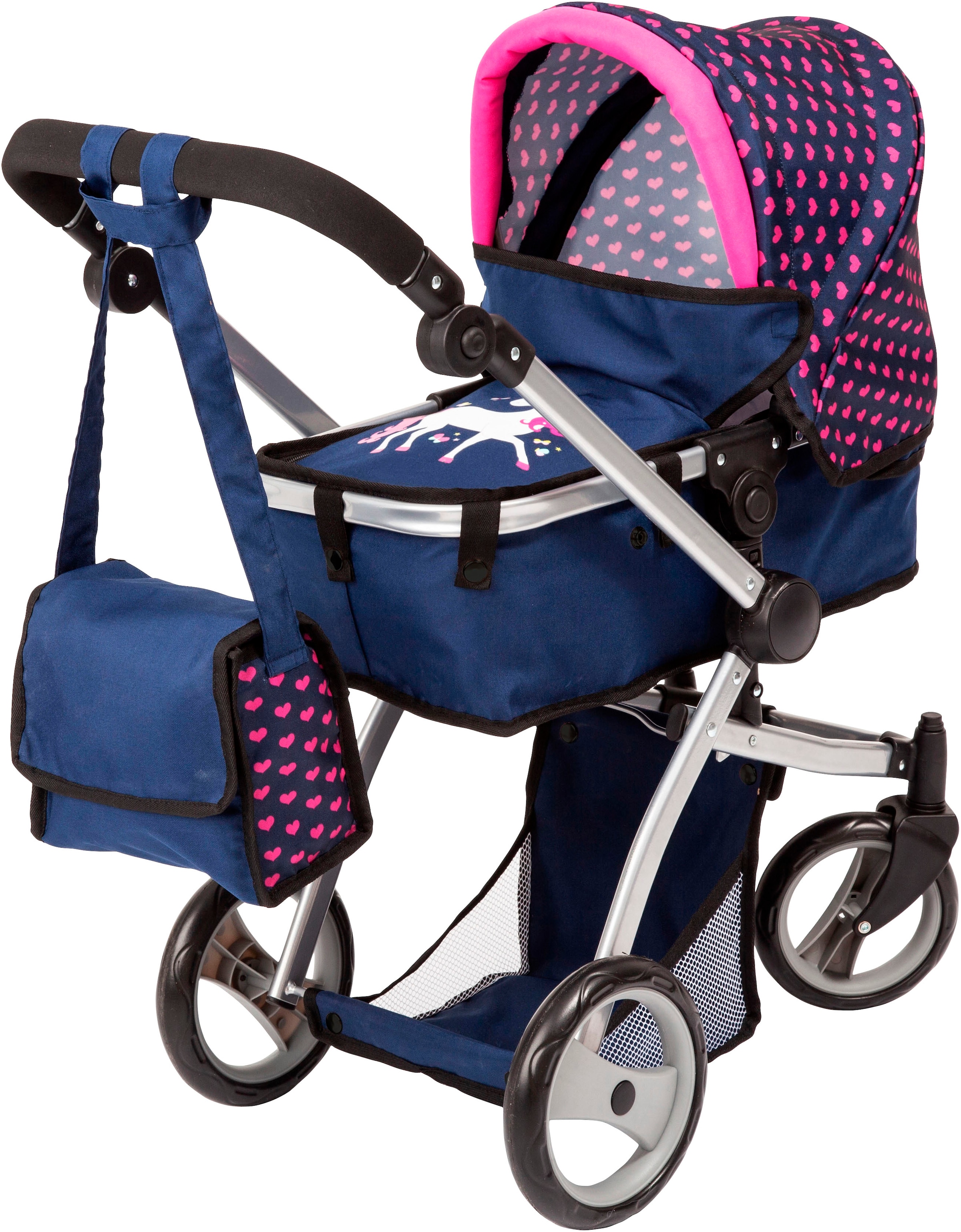 Bayer Puppenwagen »Mega, blau«, (Set), mit Reisebett, Schlafsack, Puppentrage, Wickeltasche und Zubehör