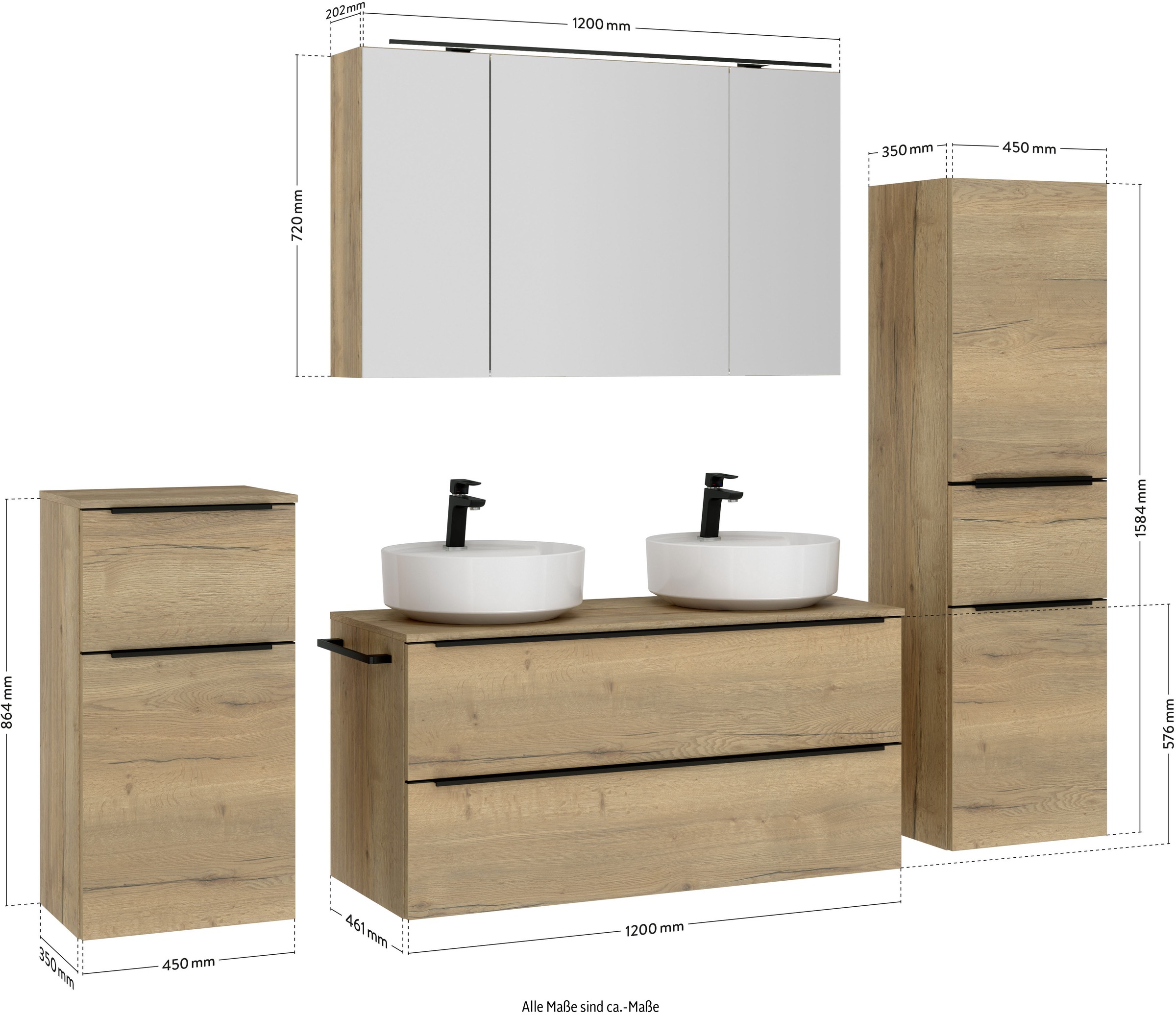 nobilia® Badmöbel-Set »Alvene«, (4 St., vormontiert, mit Soft-Close), inkl. Spiegelschrank mit Beleuchtung und Dimmerfunktion, in 4 Breiten
