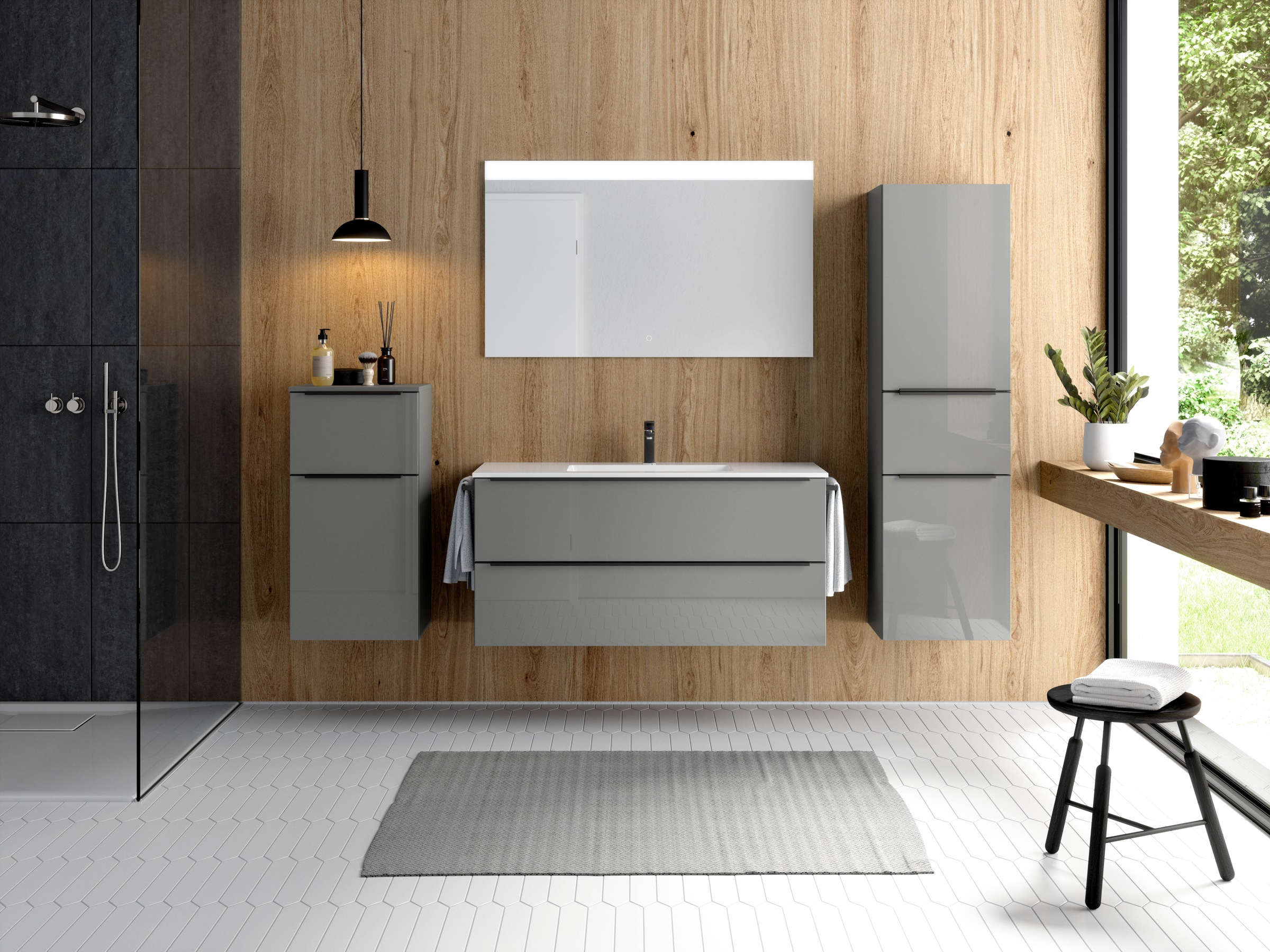 nobilia® Badmöbel-Set »Levere«, (4 St., vormontiert, mit Soft-Close), Hochglanz, inkl. Spiegel mit Touch-Sensor, in vier Breiten