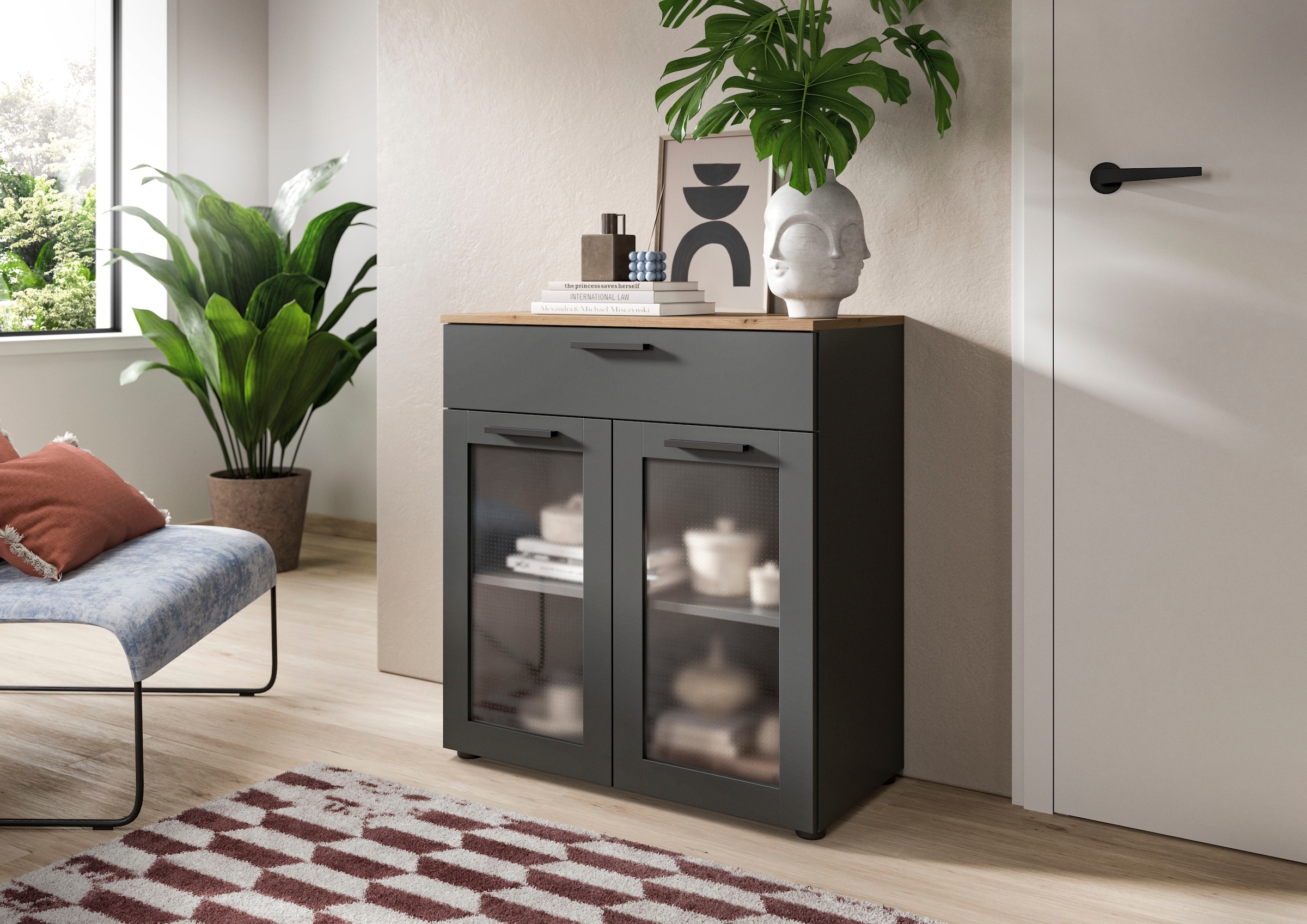 INOSIGN Kommode »SALKIN, Breite 78cm, 2 Türen mit ESG Ornamentglas, 1 Schubkasten«, Anrichte, Schrank, Sideboard,Vitrine, Vitrinenschrank Wohnmöbel