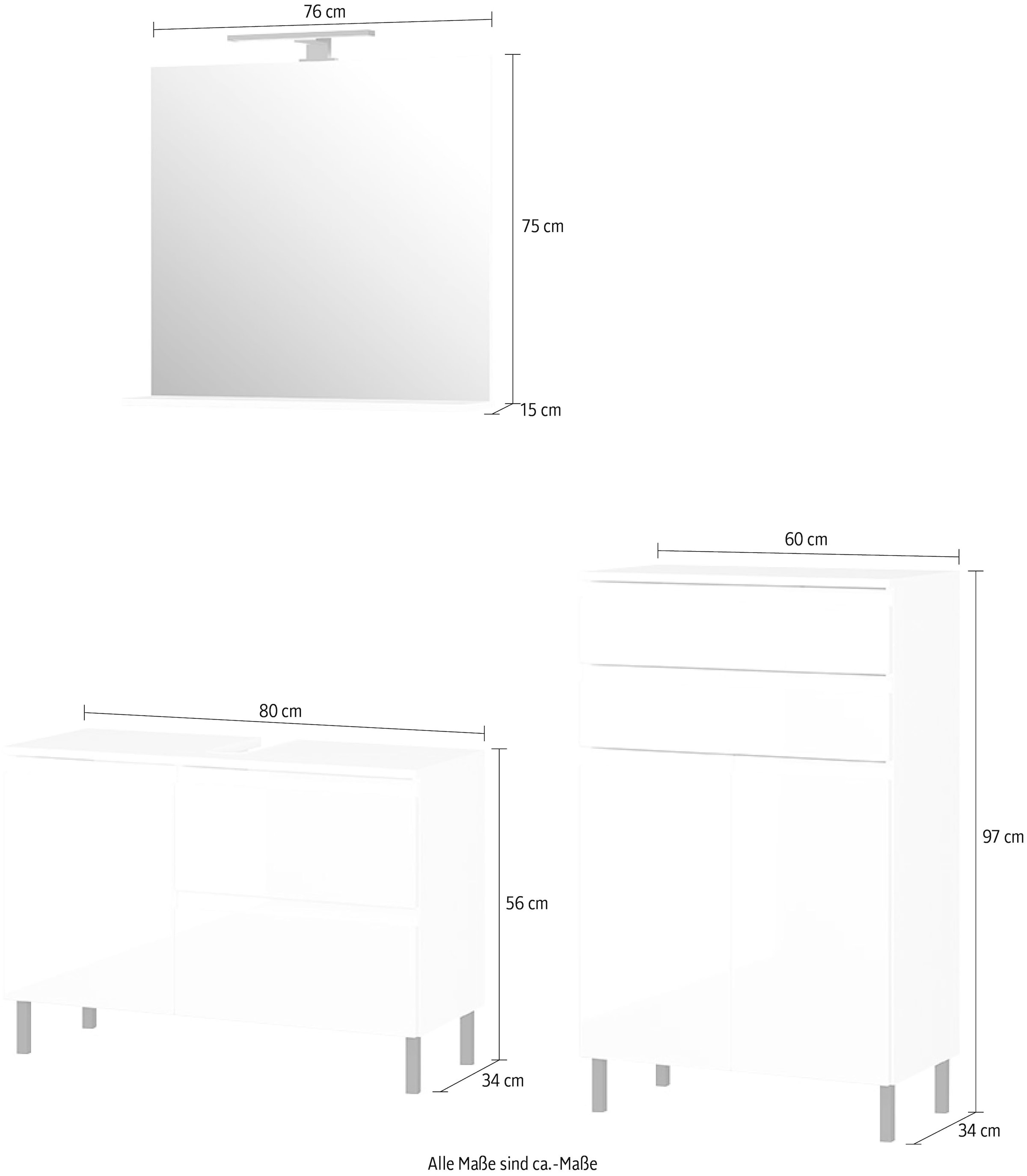 GERMANIA Badmöbel-Set »Scantic«, (Set, 3 St.), aus Spiegel, Waschbeckenunterschrank, Badkommode, inkl. Beleuchtung