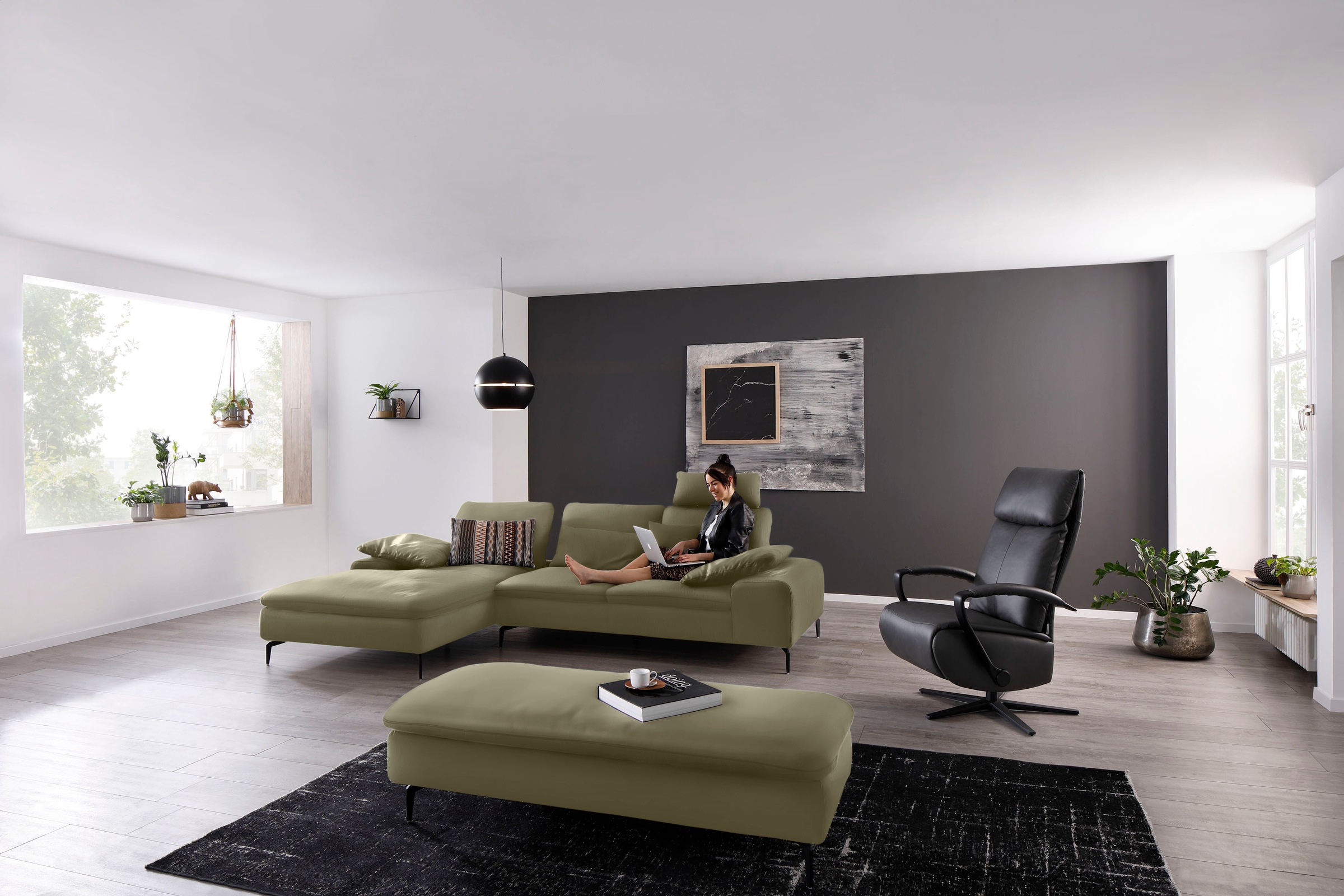 W.SCHILLIG Ecksofa »valentinoo, Designsofa, bequem, elegant und zeitlos, L-Form«, (Set), inklusive Hocker, mit Sitztiefenverstellung, Breite 299 cm