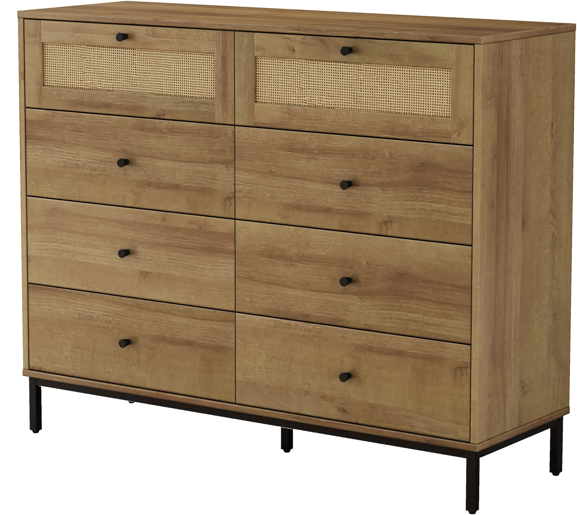 OTTO home Kombikommode »Motala Wäsche Schrank mit 8 Schubladen Sideboard BOHO Design« Eichen-Design mit schwarzen Griffen und Geflecht Schubladen, 