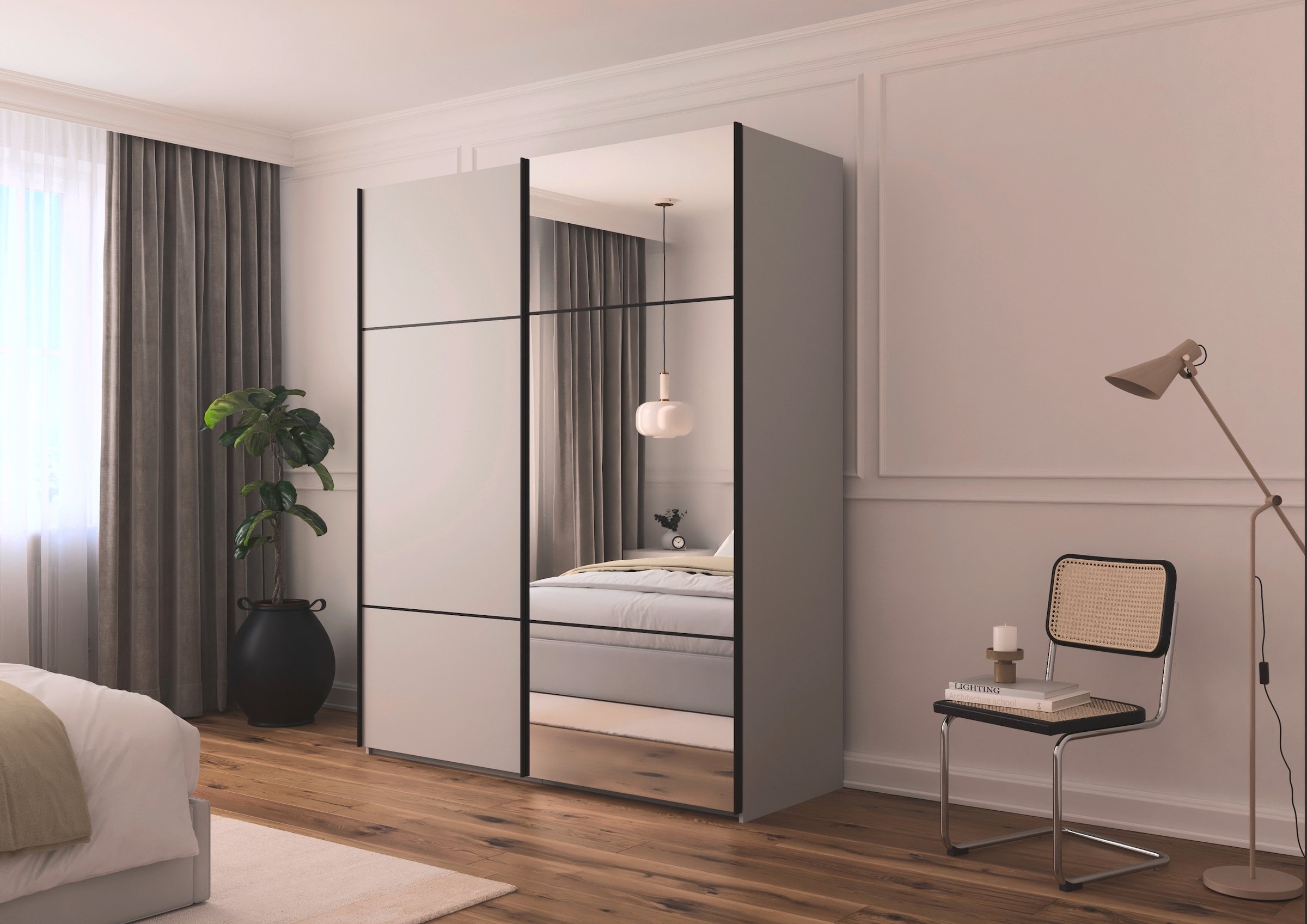 rauch Schwebetürenschrank »Kleiderschrank Schrank Garderobe Schlafzimmerschrank SCALE-TRIO« edle dreigeteilte Front mit 2 Zierleisten und Spiegel MADE IN GERMANY
