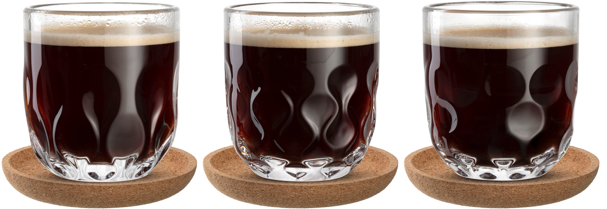 LEONARDO Gläser-Set »Kaffee-Set GOCCE, 220 ml, 6-teilig«, (Set, 6 tlg.), 3 Gläser mit unterschiedlichem Tropfenrelief, inkl. Kork-Untersetzer