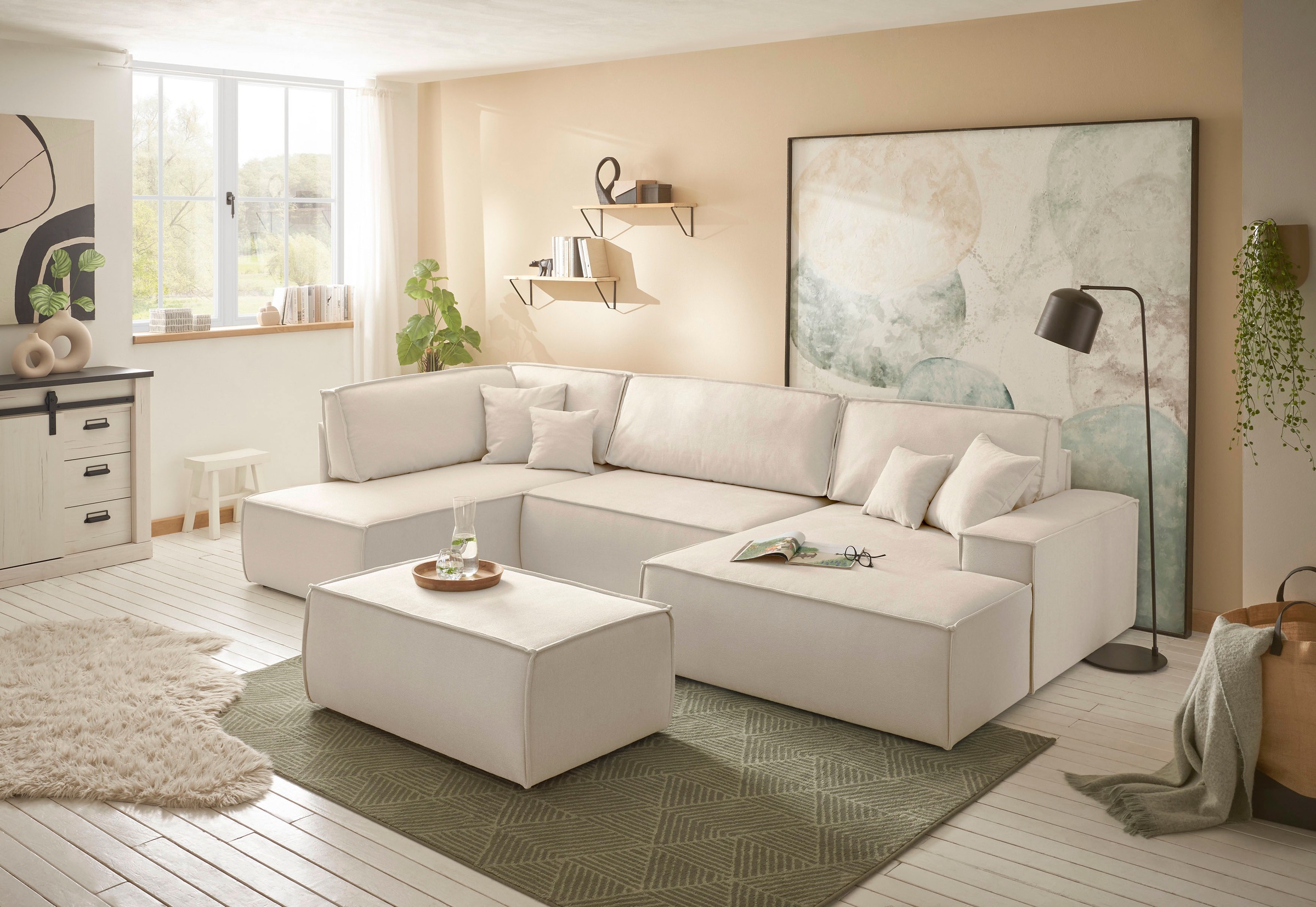 andas Wohnlandschaft »FINNLEY U-Form XXL 329 cm, Schlafsofa, Schlaffunktion m. Bettkasten«, (194/139 cm), Bouclé u. Struktur