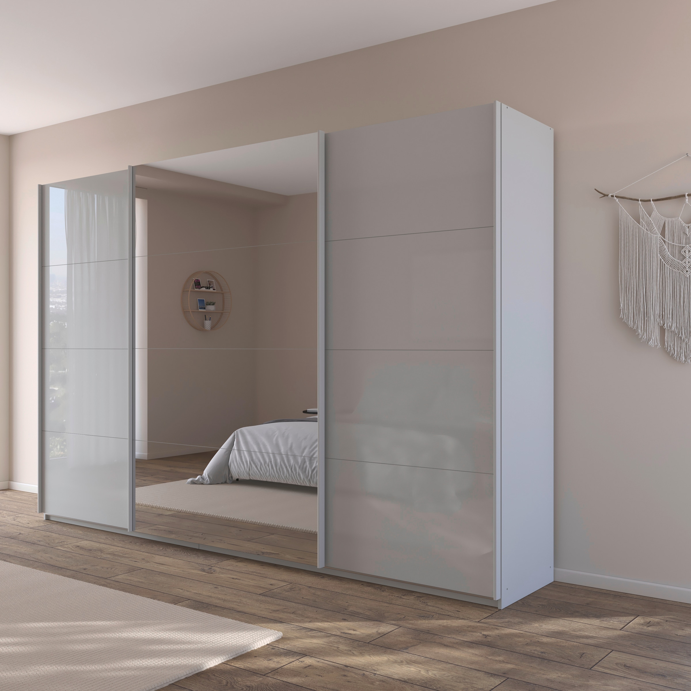 rauch Schwebetürenschrank »Kleiderschrank Kleiderschränke Schrank Garderobe AGORDO mit Glasfront«, durchdachte Innenausstattung, in 4 Breiten und 2 Höhen MADE IN GERMANY