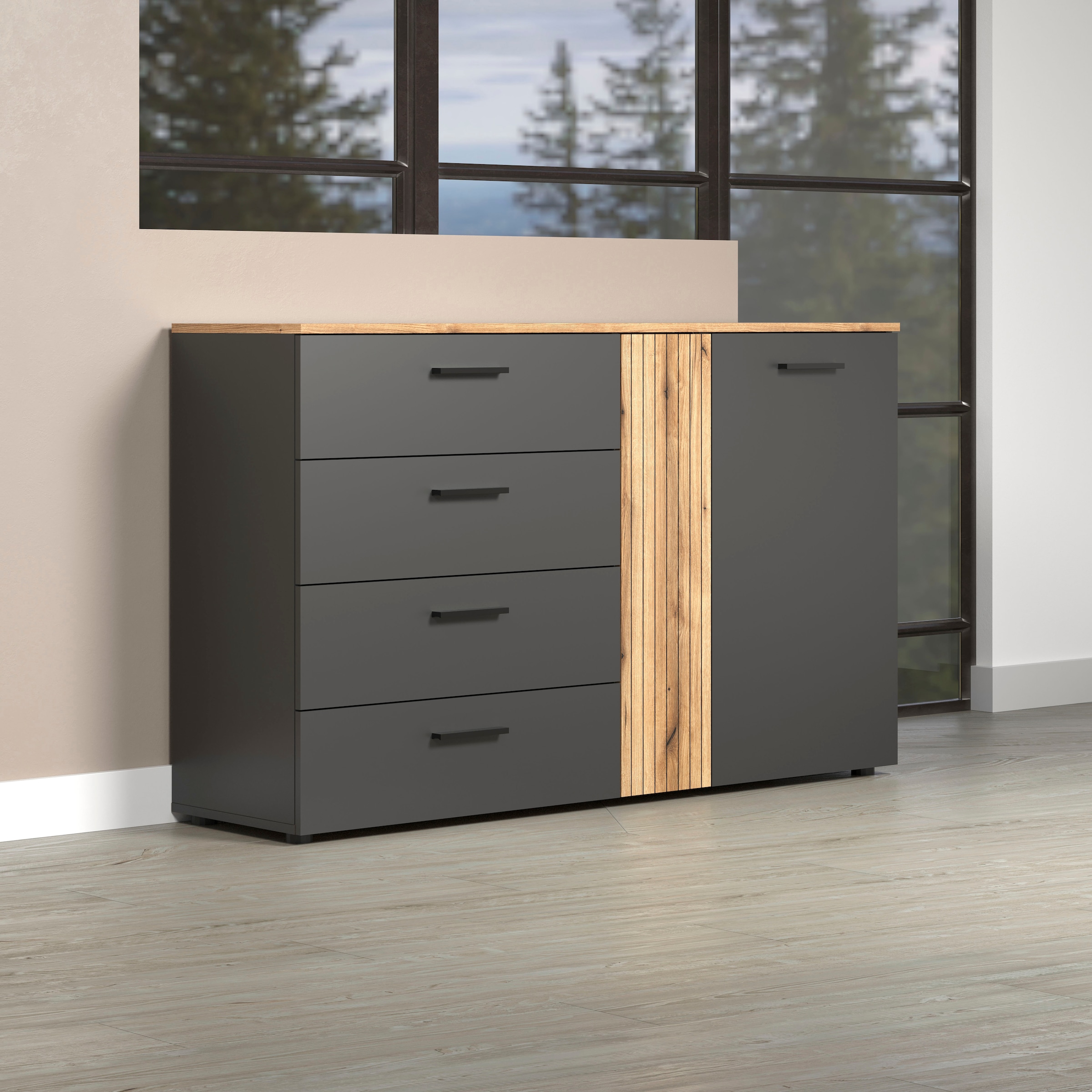 Home affaire Kommode »Estepona« 1 Stk. tlg. Schubladenschrank in Rillenoptik mit Vollauszug-Funktion