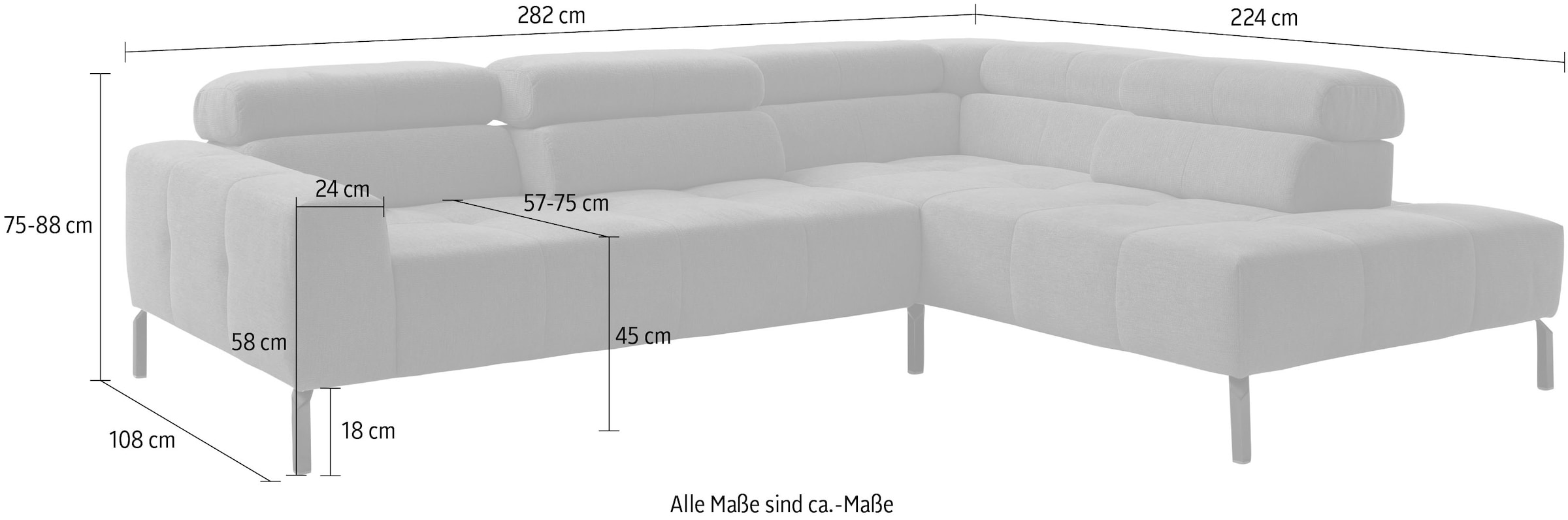 Home affaire Ecksofa »Claya Move, L-Form, Kopf- & Rückenverstellung, Breite 282 cm« Moderne Steppung, weicher Polsteraufbau & saugroboterfreundliche Höhe
