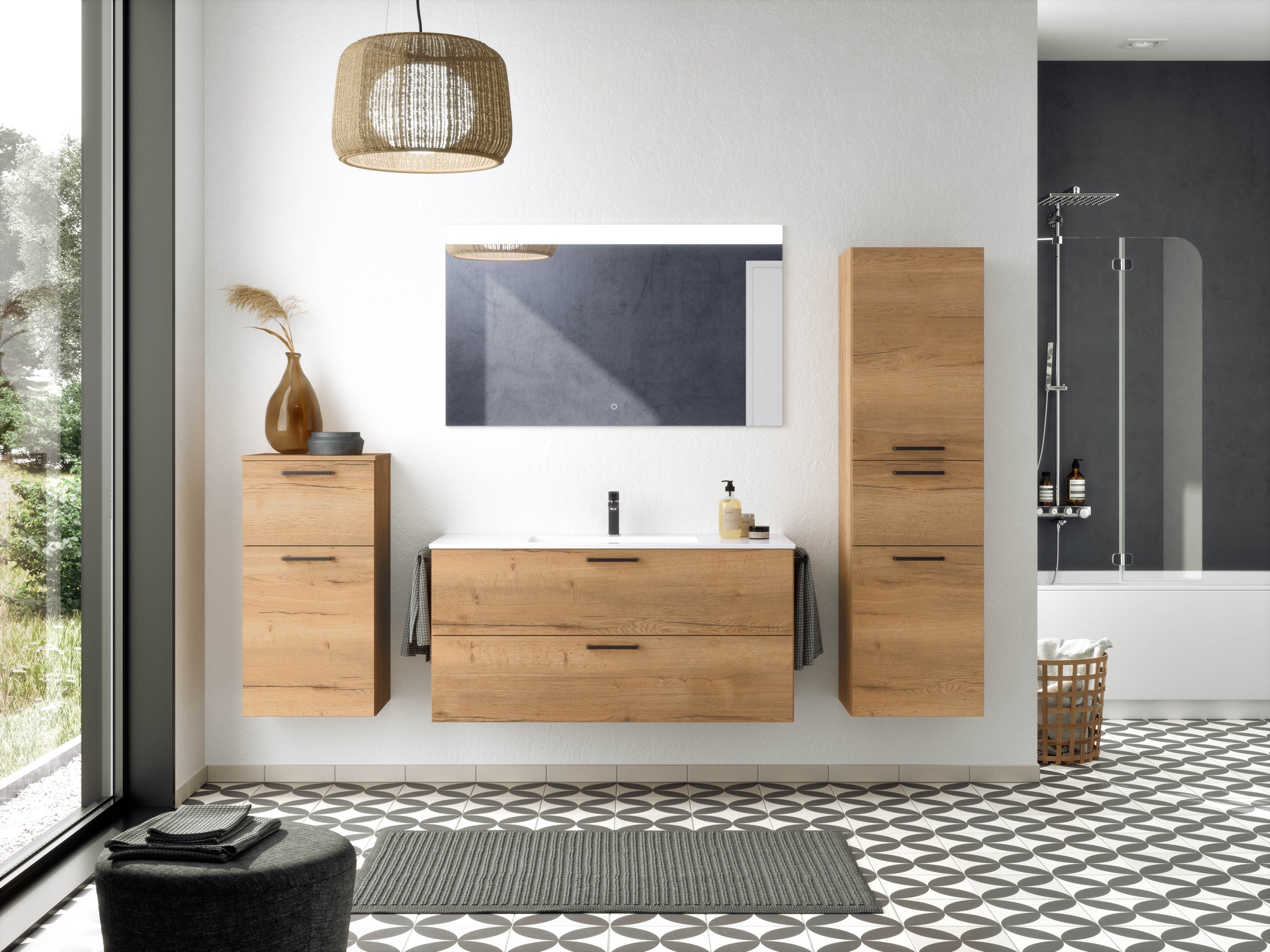 nobilia® Badmöbel-Set »Tolvina«, (2 St., vormontiert, mit Soft-Close), inkl. Spiegel mit Touch-Sensor, in vier Breiten