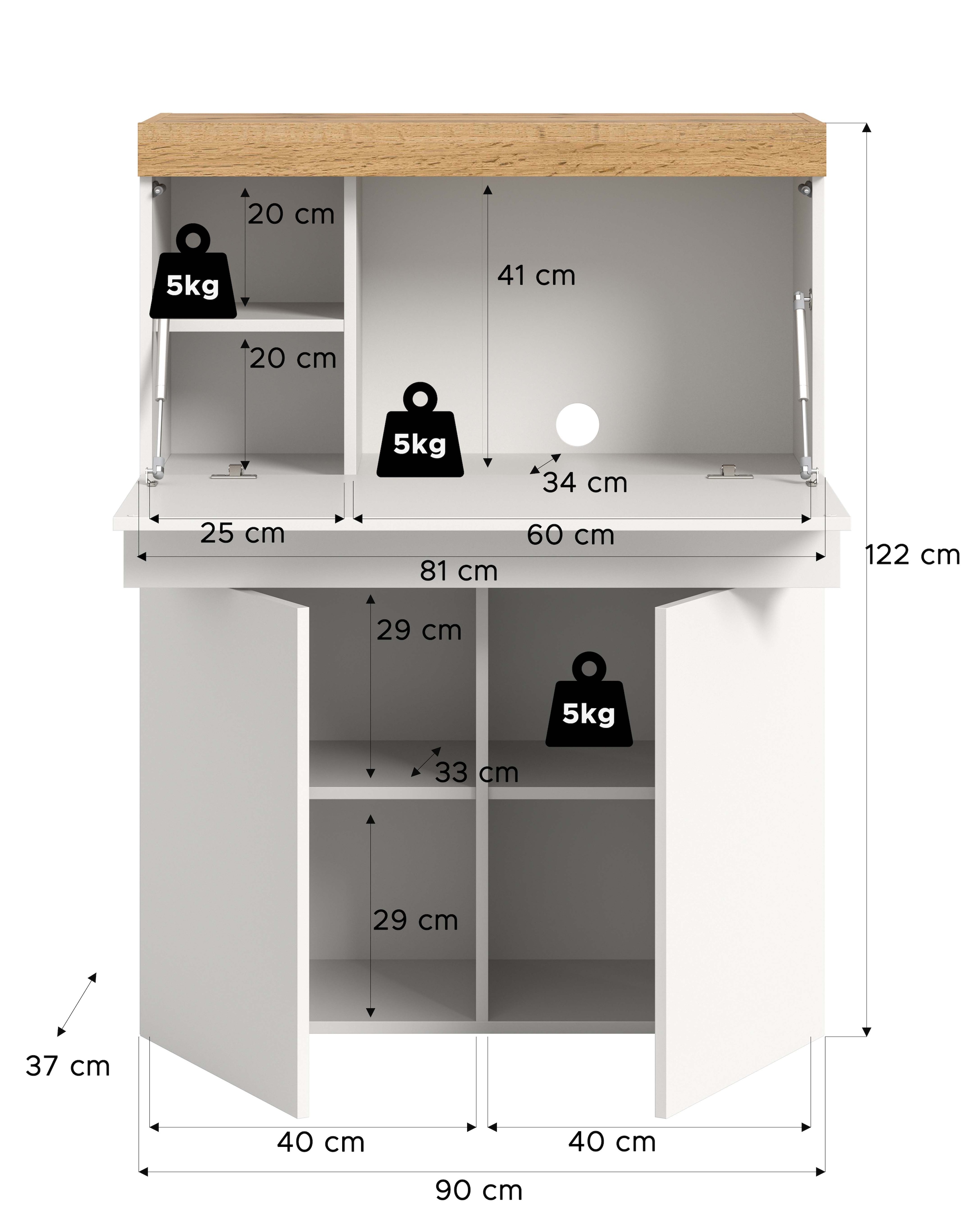 OTTO home Sekretär »MAMBO, Höhe 122cm, Home-Office-Schreibtisch, PC-Schrank« 2 Türen, 1Klappe, 7 Fächer, 1 Schubkasten, 3 höhenverstellbare Böden,  Multifunktional mit viel Stauraum, klappbare Tischfläche